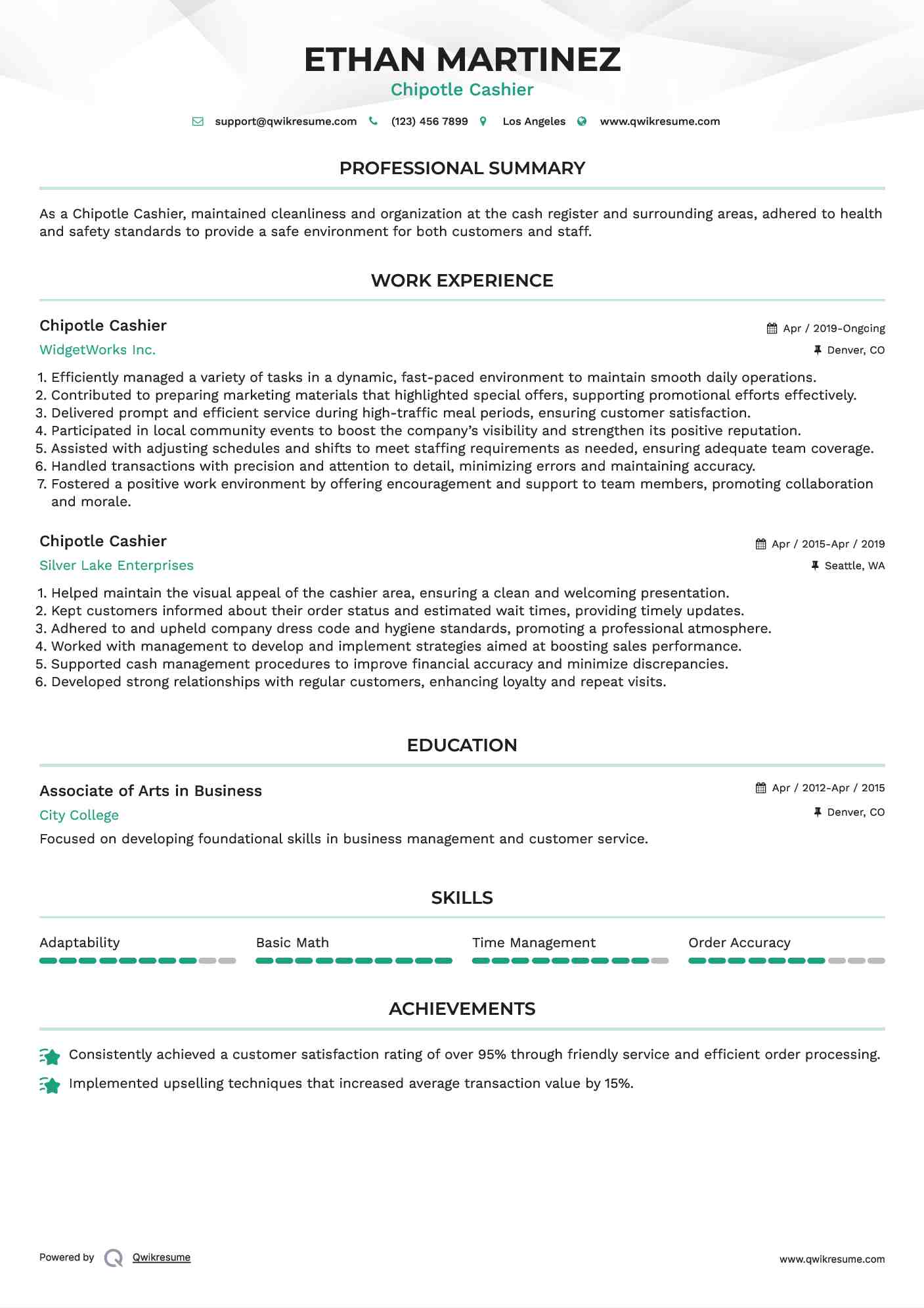 Chipotle Cashier Resume Model