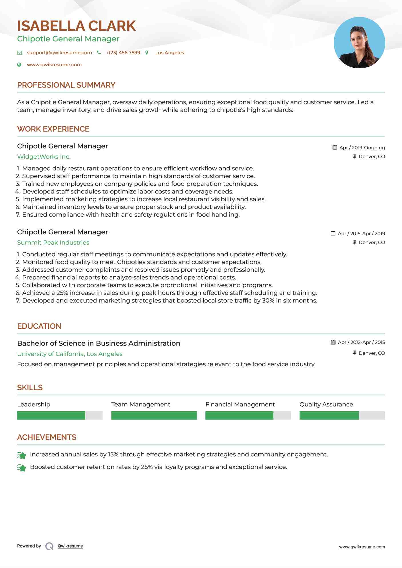 Chipotle General Manager Resume Format