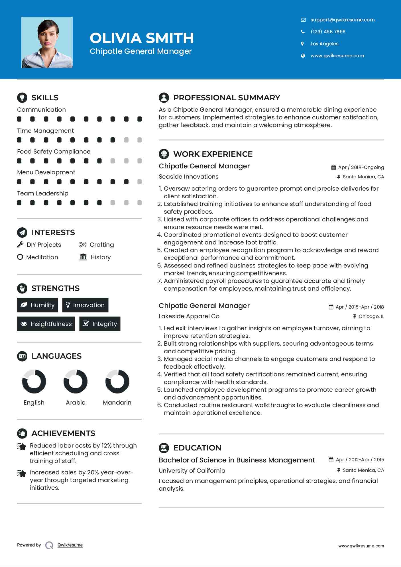 Chipotle General Manager Resume Model