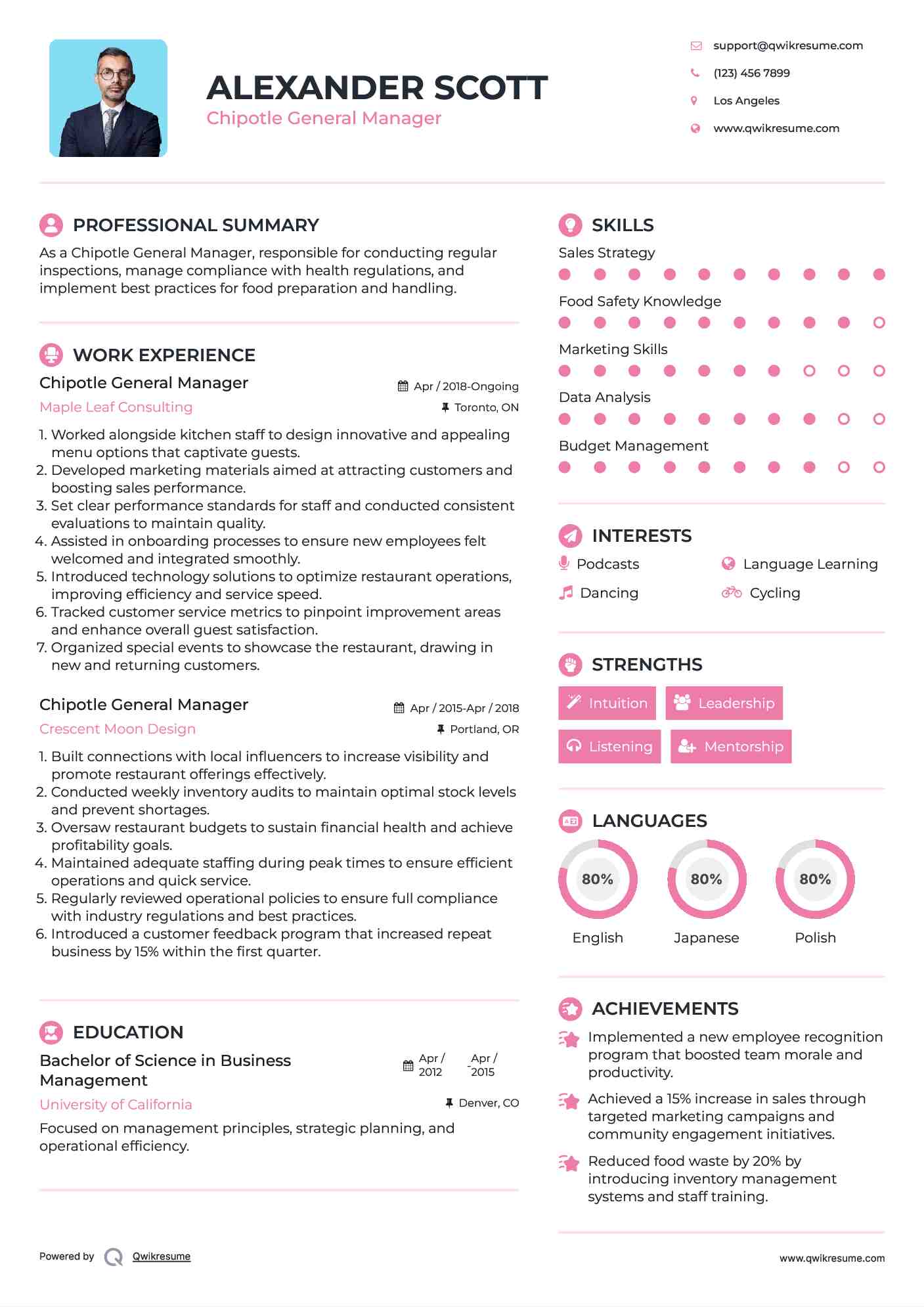 Chipotle General Manager Resume Sample