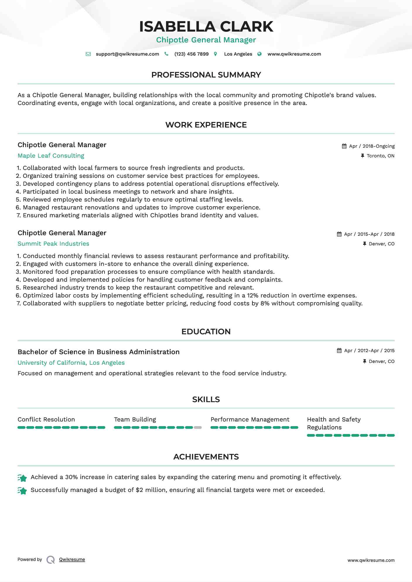 Chipotle General Manager Resume Model