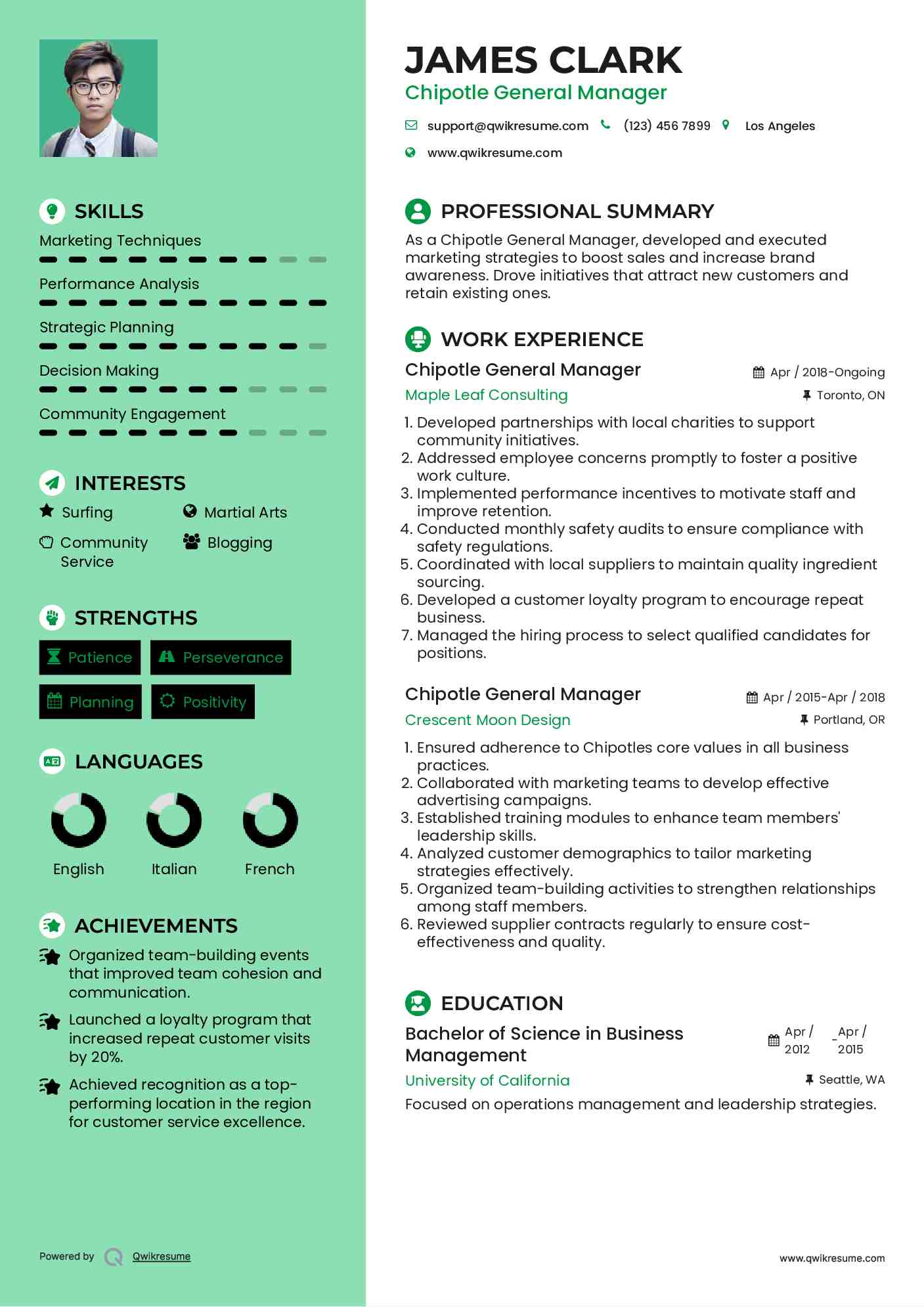 Chipotle General Manager Resume Model