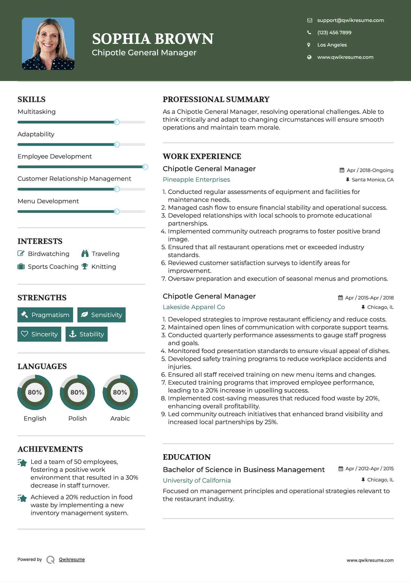 Chipotle General Manager Resume Example