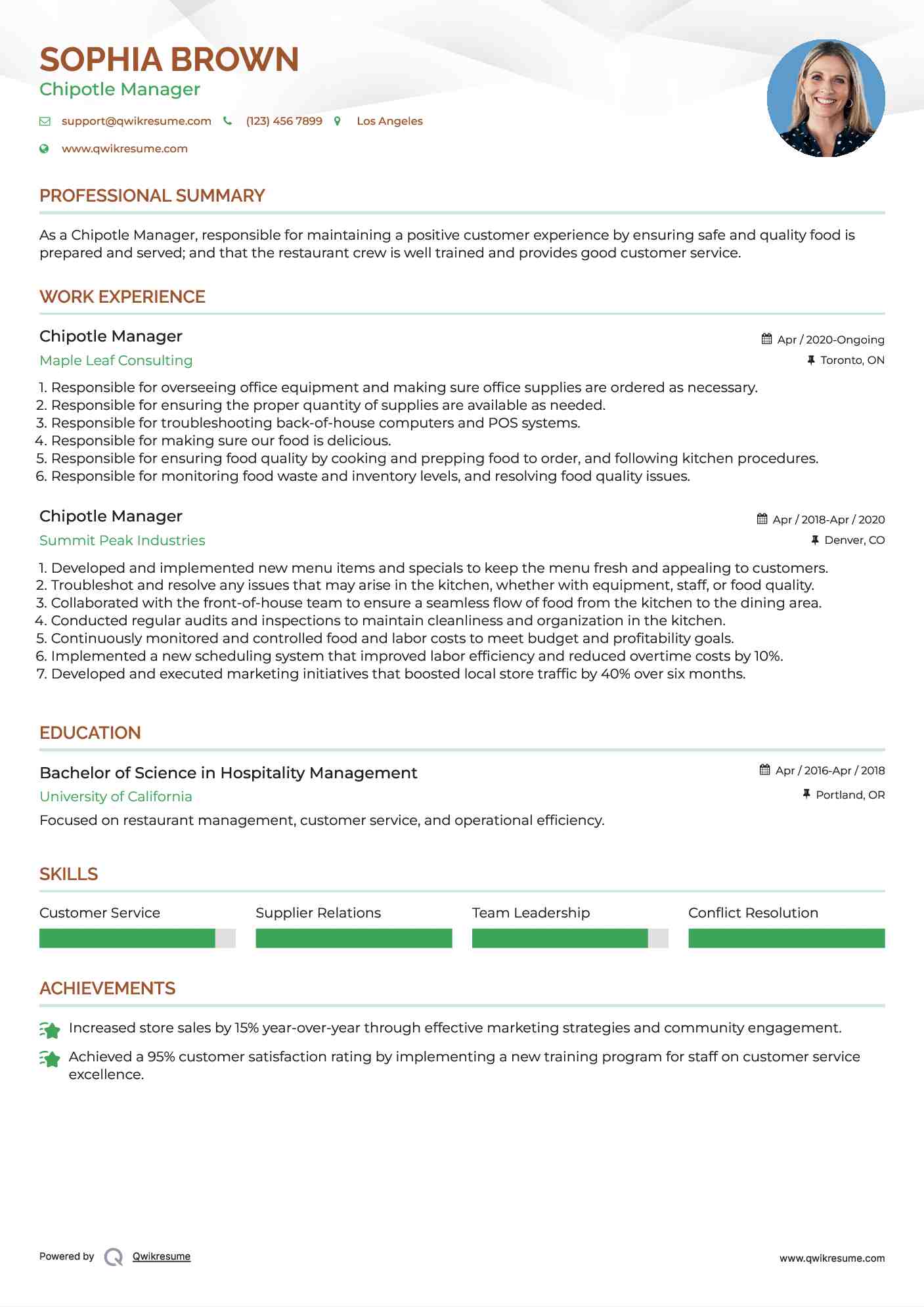 Chipotle Manager Resume Model