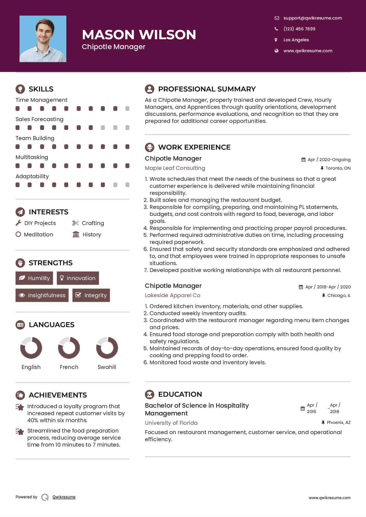 Chipotle Manager Resume Example