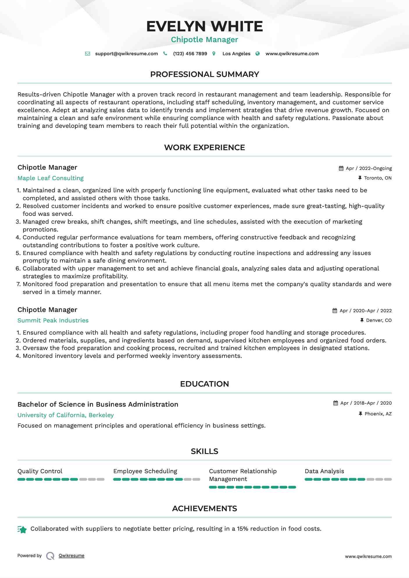 Chipotle Manager Resume Format