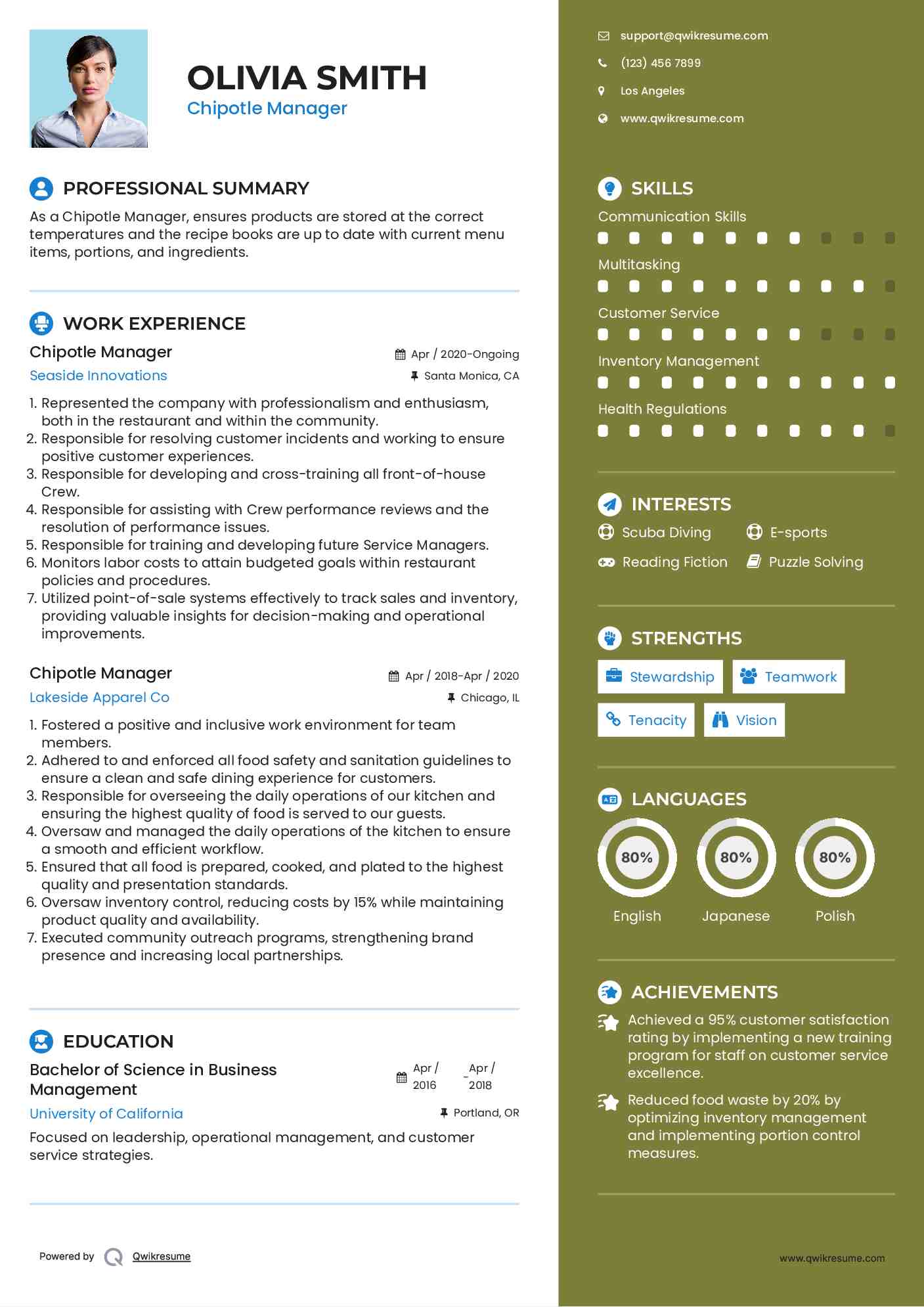 Chipotle Manager Resume Sample