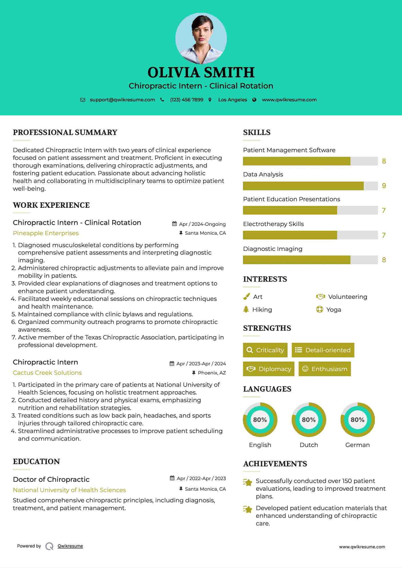 Chiropractic Intern - Clinical Rotation Resume Format