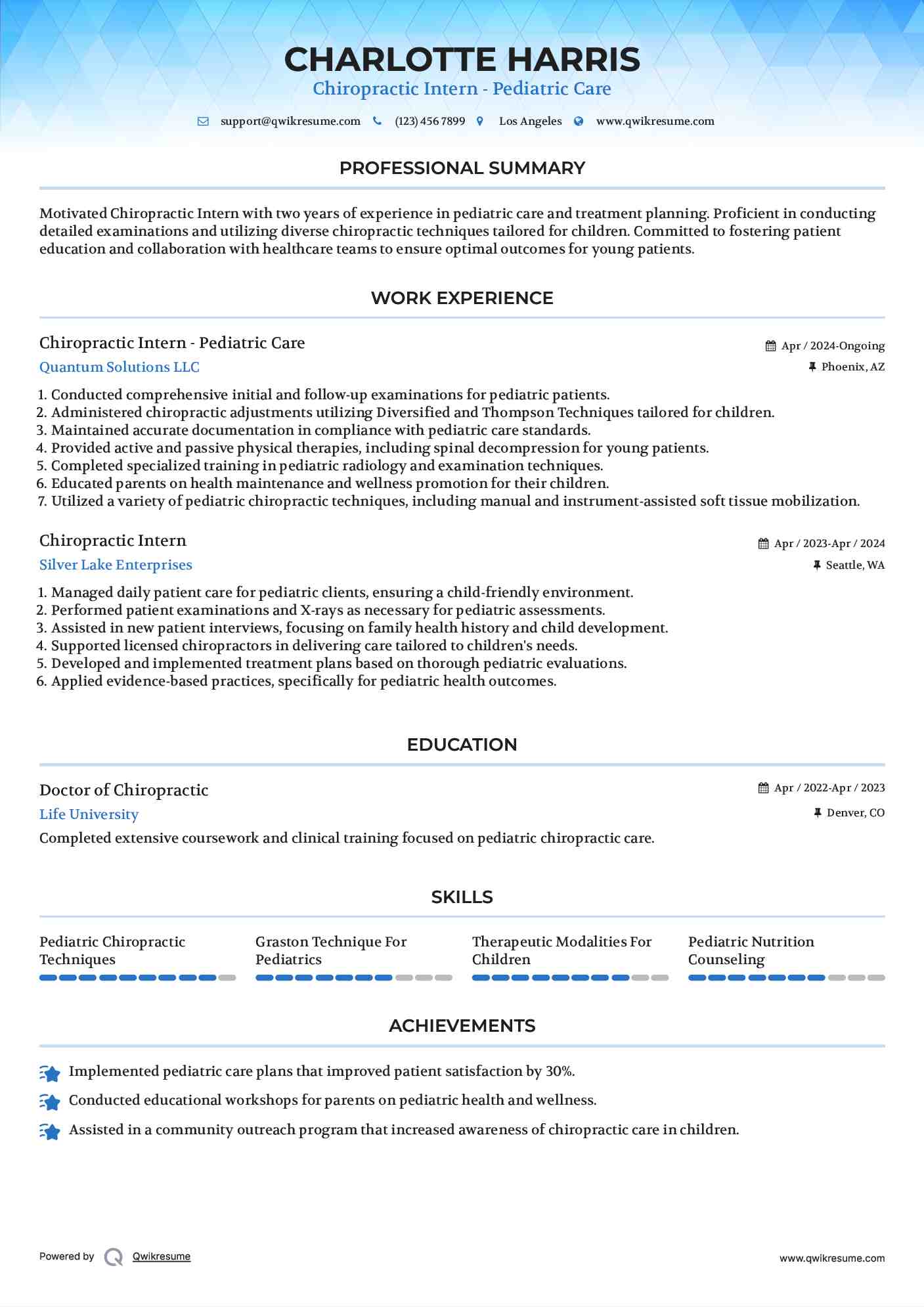 Chiropractic Intern - Pediatric Care Resume Format