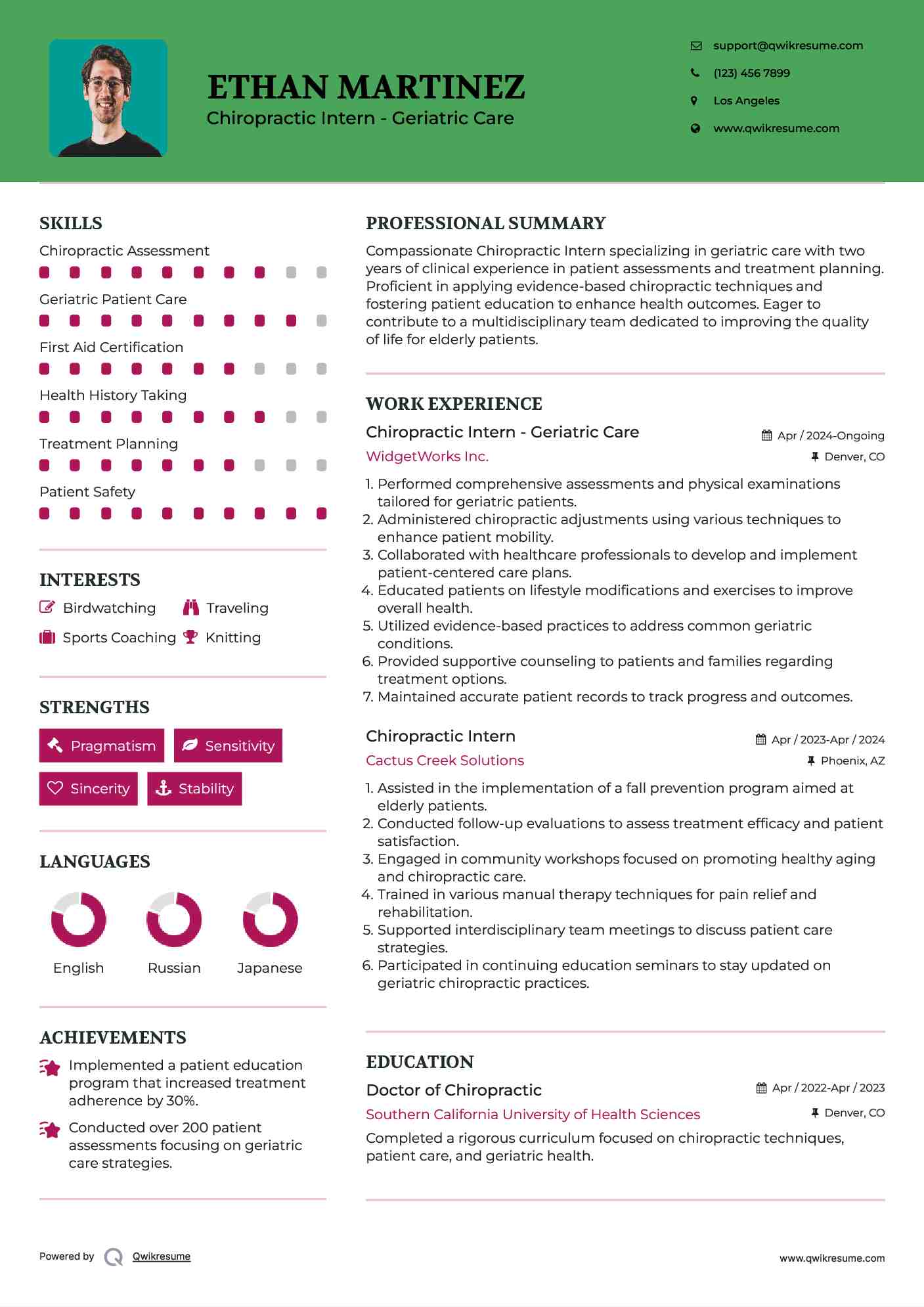 Chiropractic Intern - Geriatric Care Resume Template