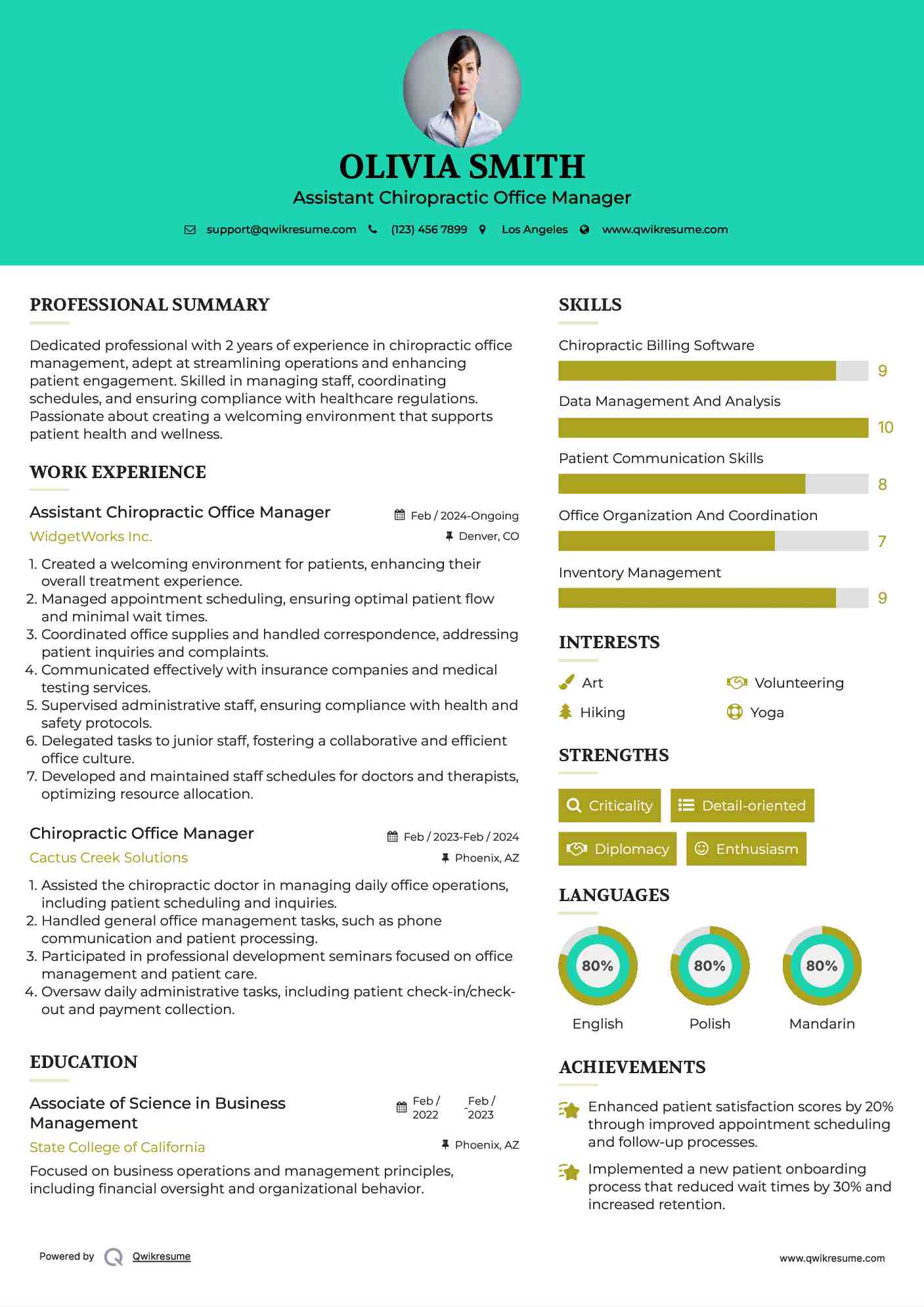 Assistant Chiropractic Office Manager Resume Sample