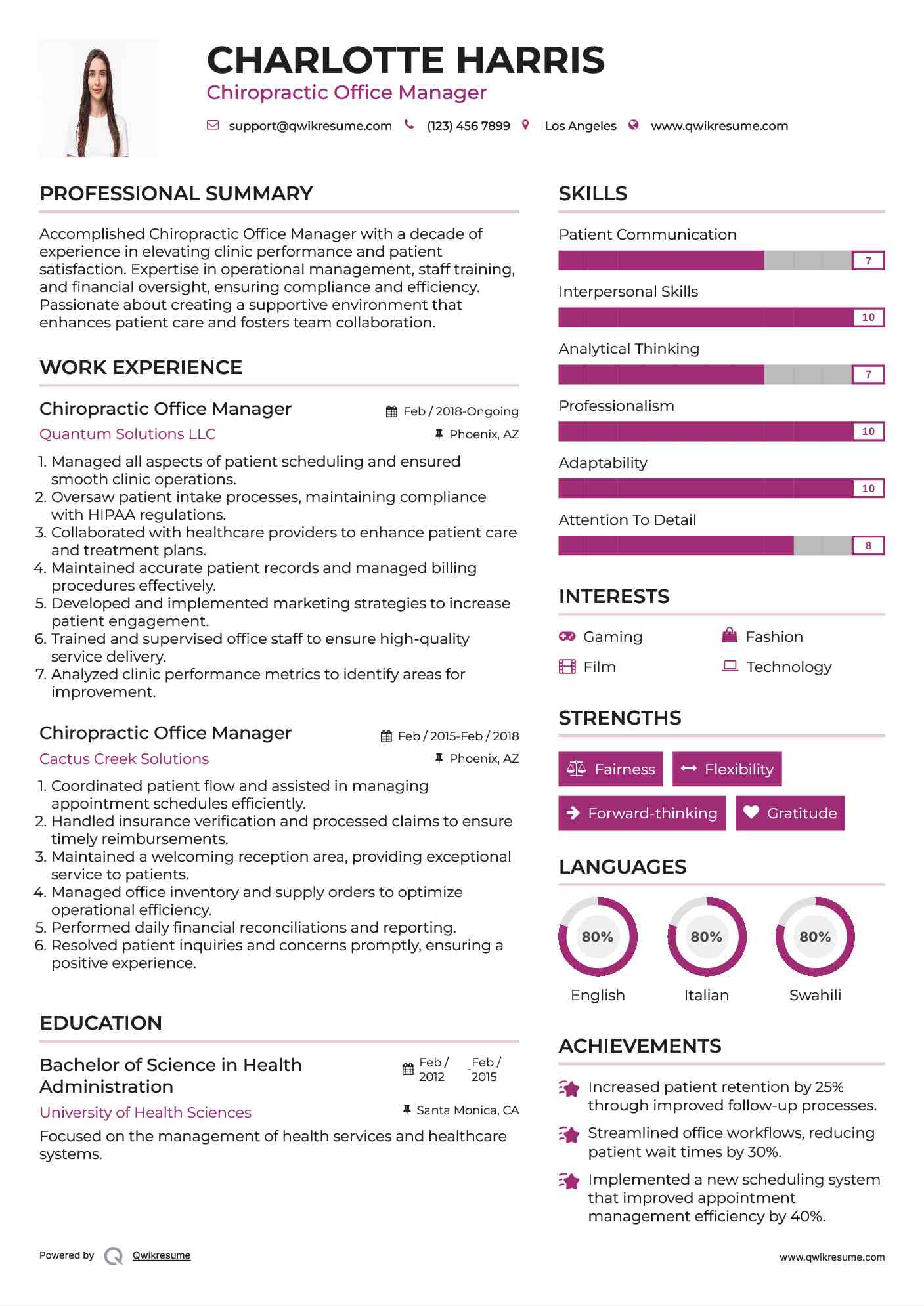 Chiropractic Office Manager Resume Model