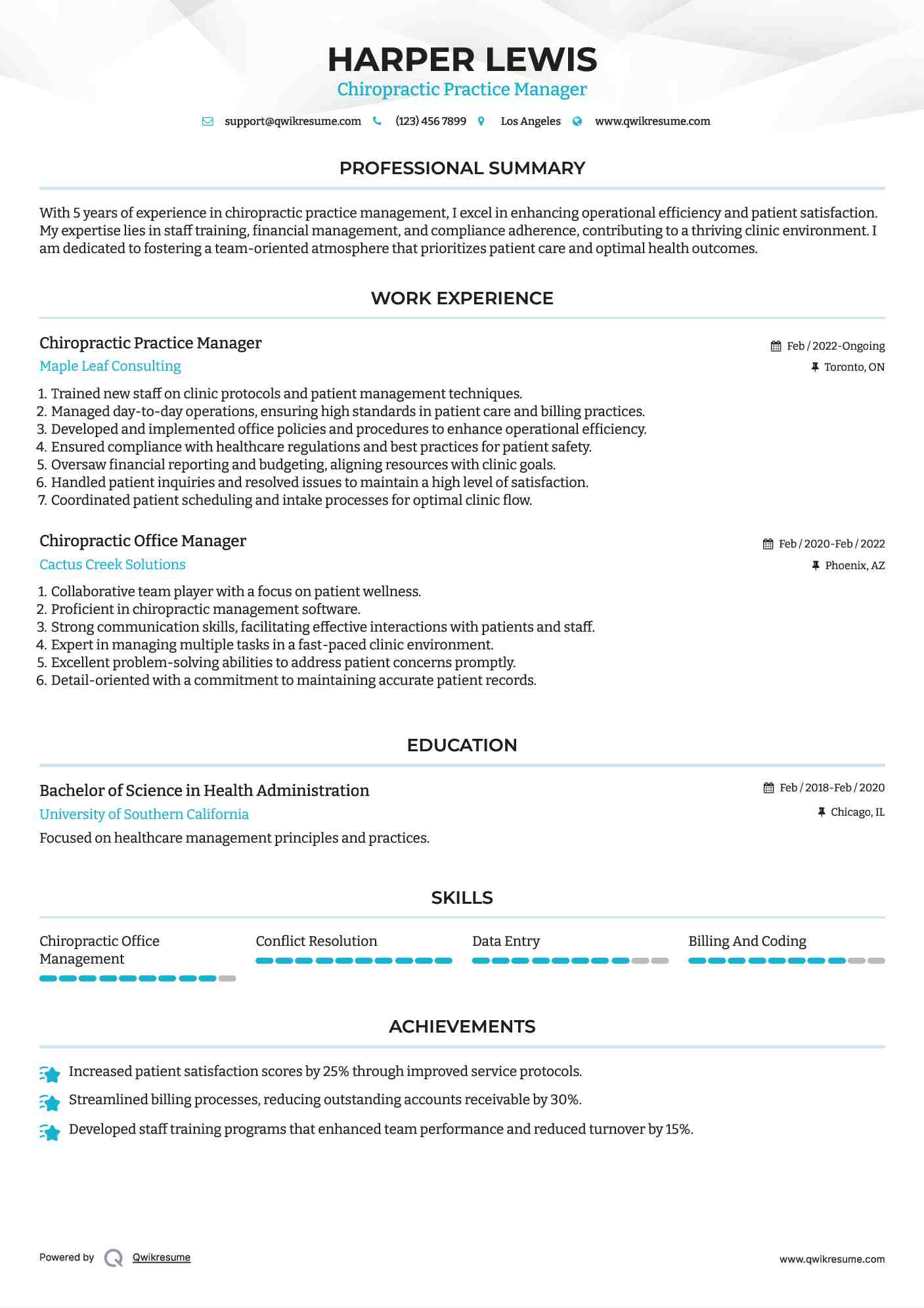 Chiropractic Practice Manager Resume Format