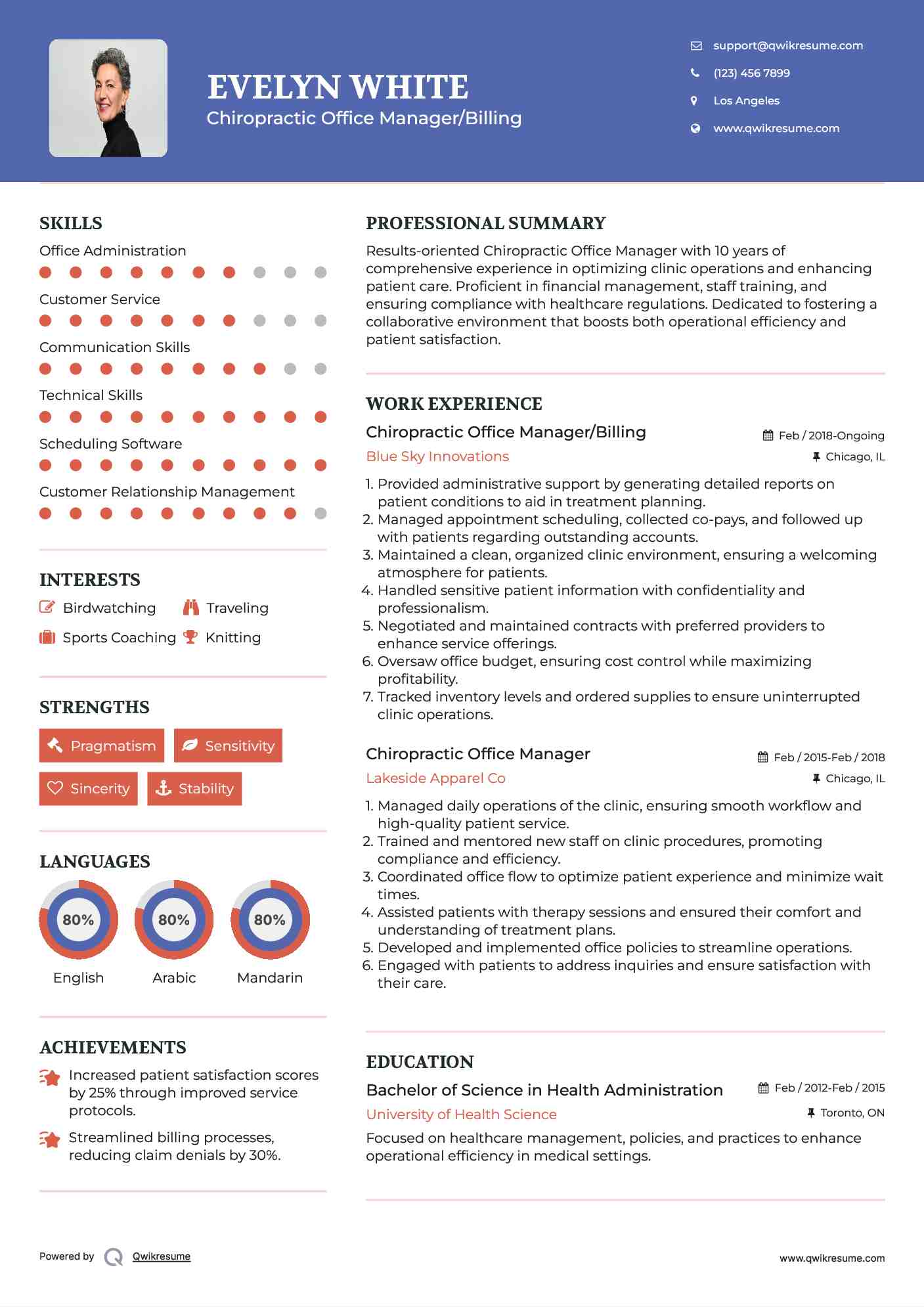 Chiropractic Office Manager/Billing Resume Template