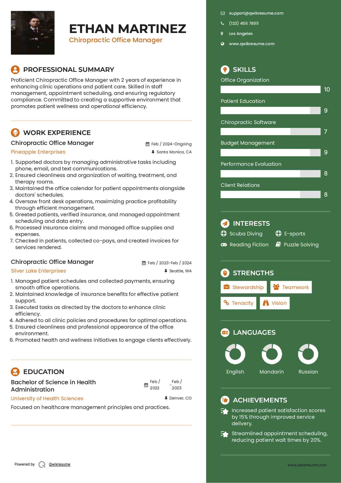 Chiropractic Office Manager Resume Template