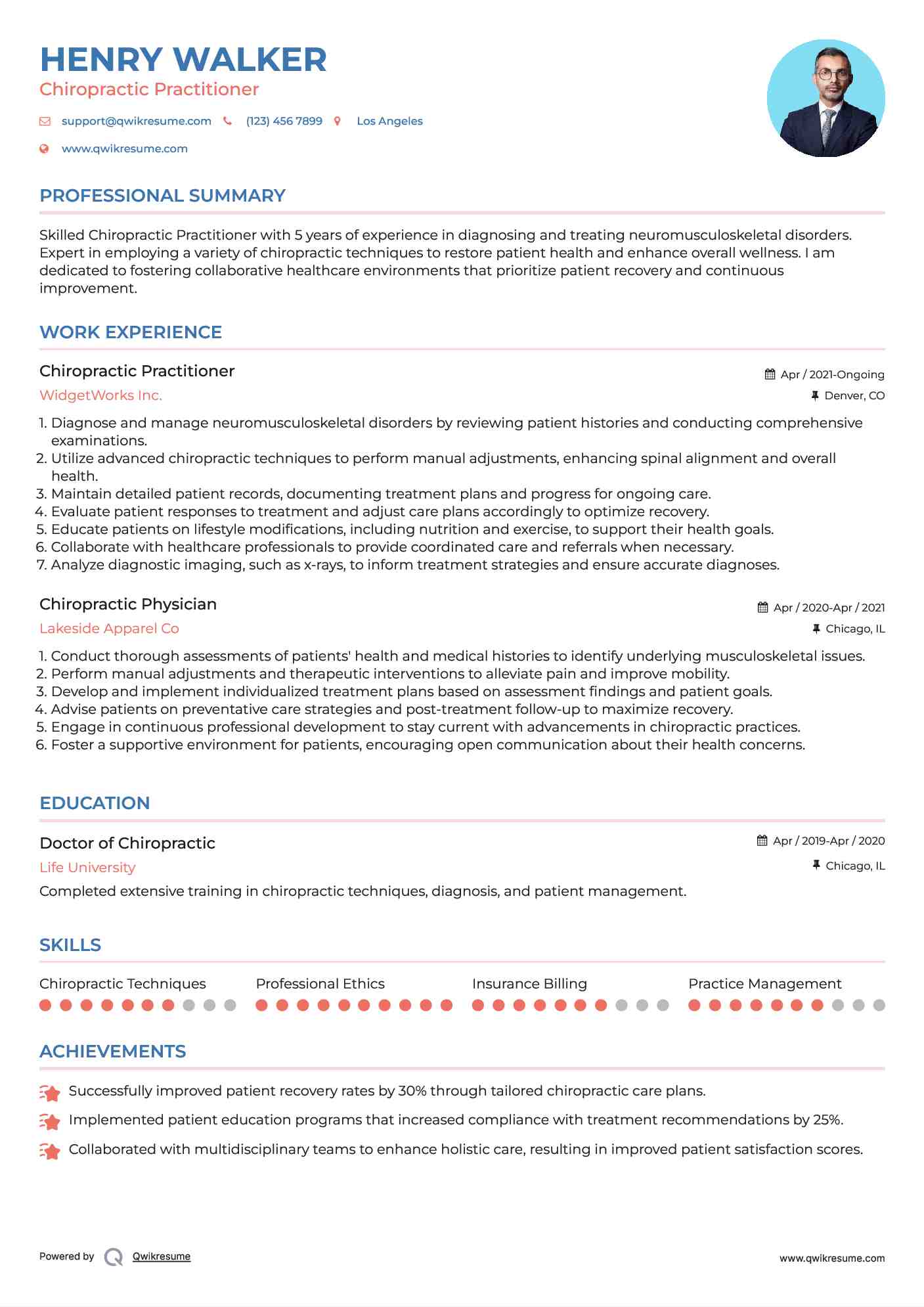 Chiropractic Practitioner Resume Sample
