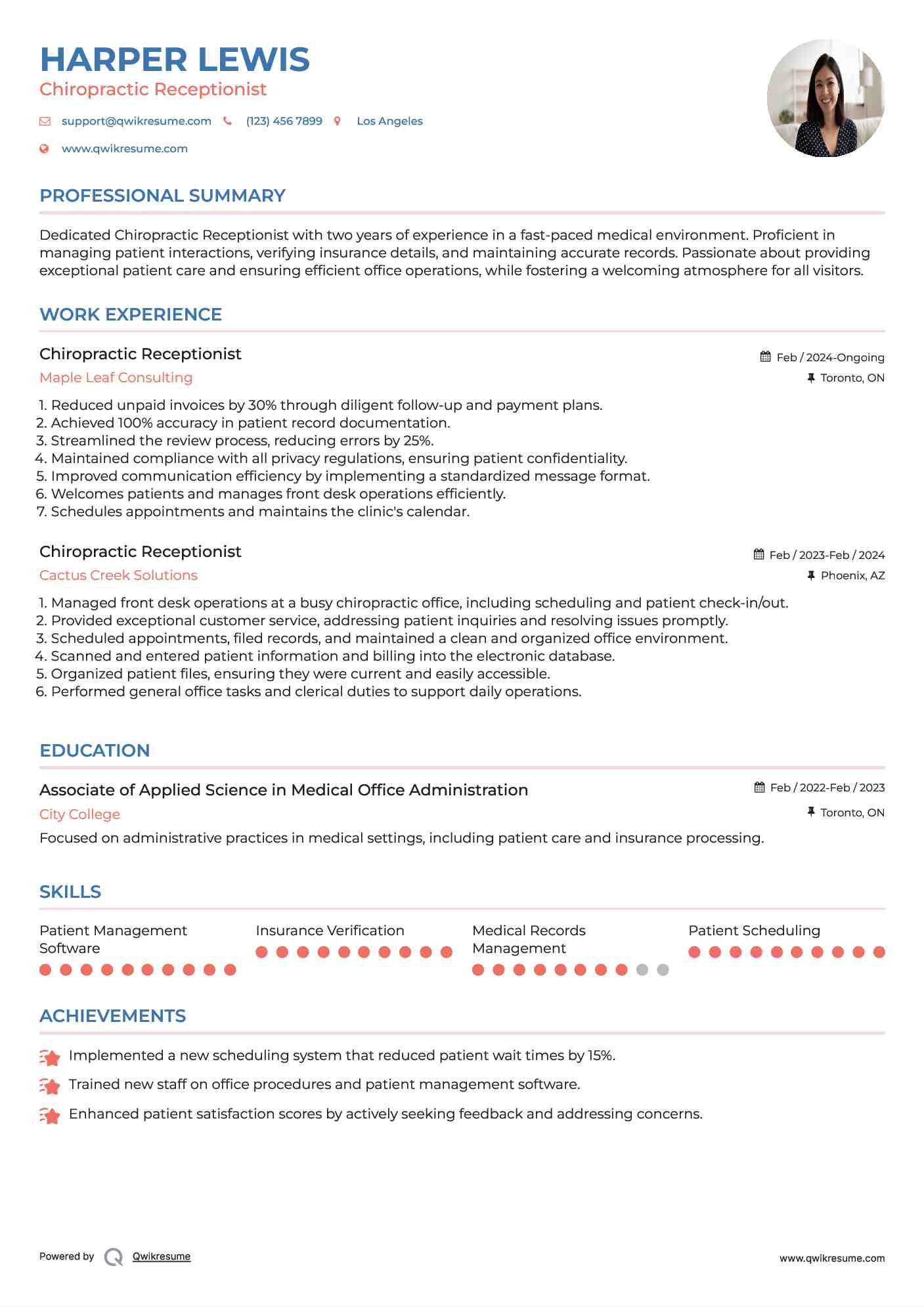 Chiropractic Receptionist Resume Example