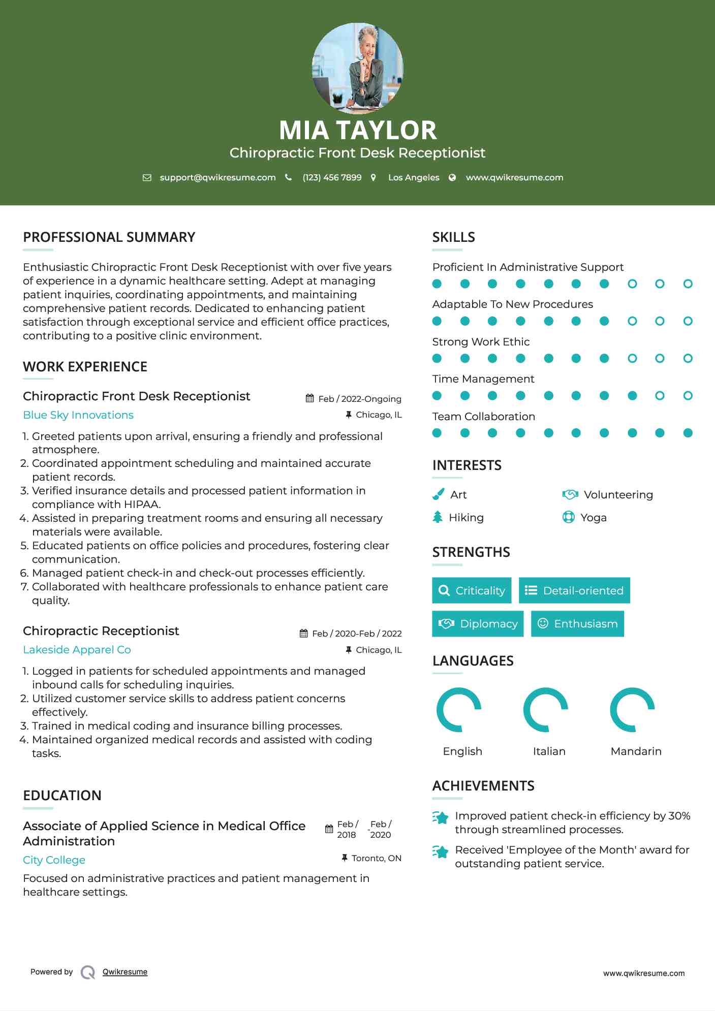 Chiropractic Front Desk Receptionist Resume Example