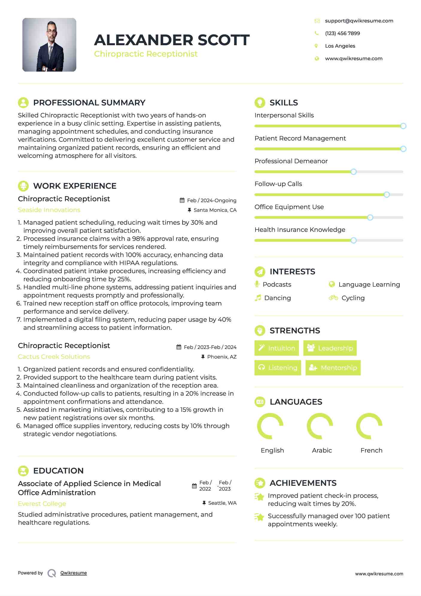 Chiropractic Receptionist Resume Format