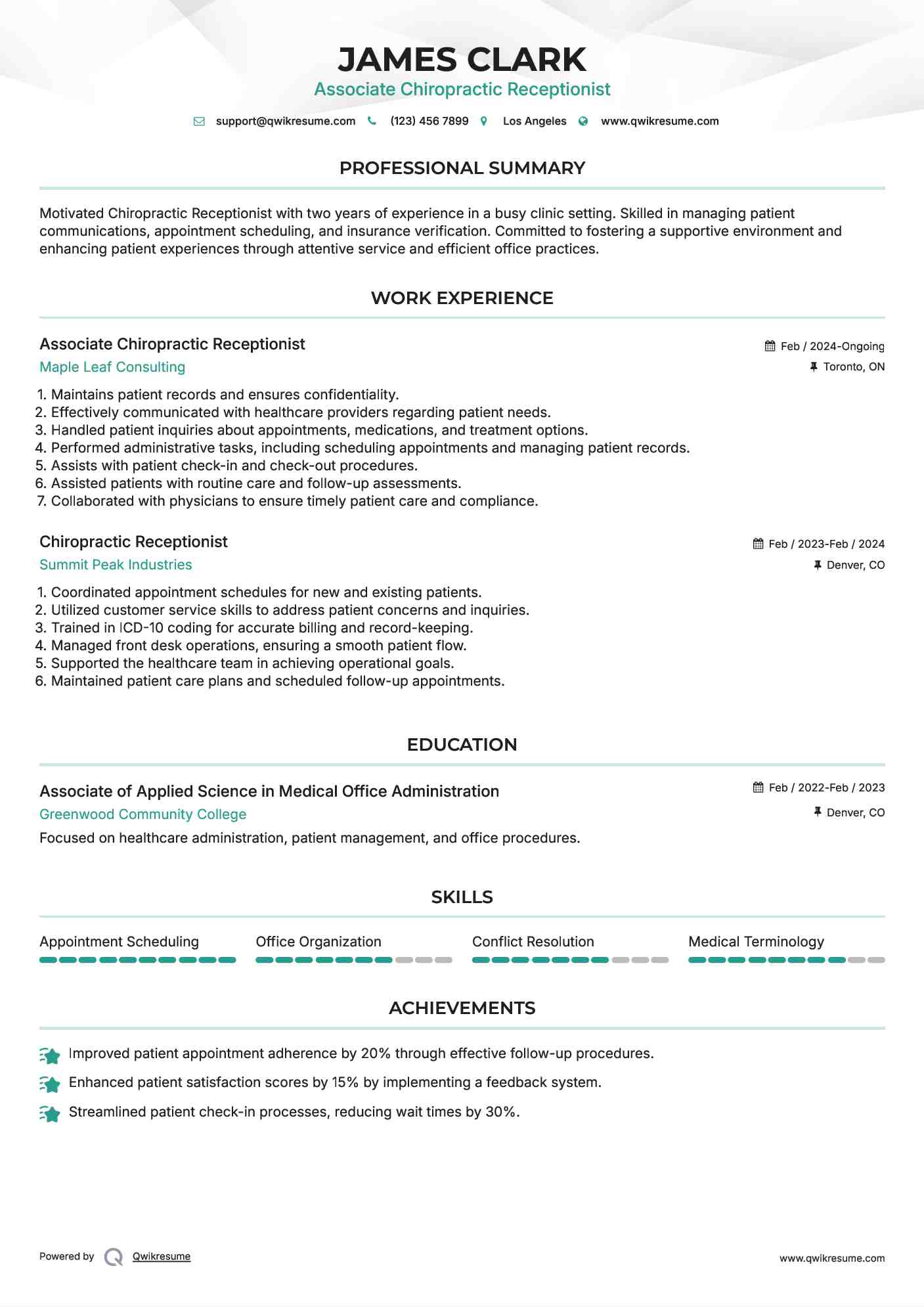 Associate Chiropractic Receptionist Resume Template