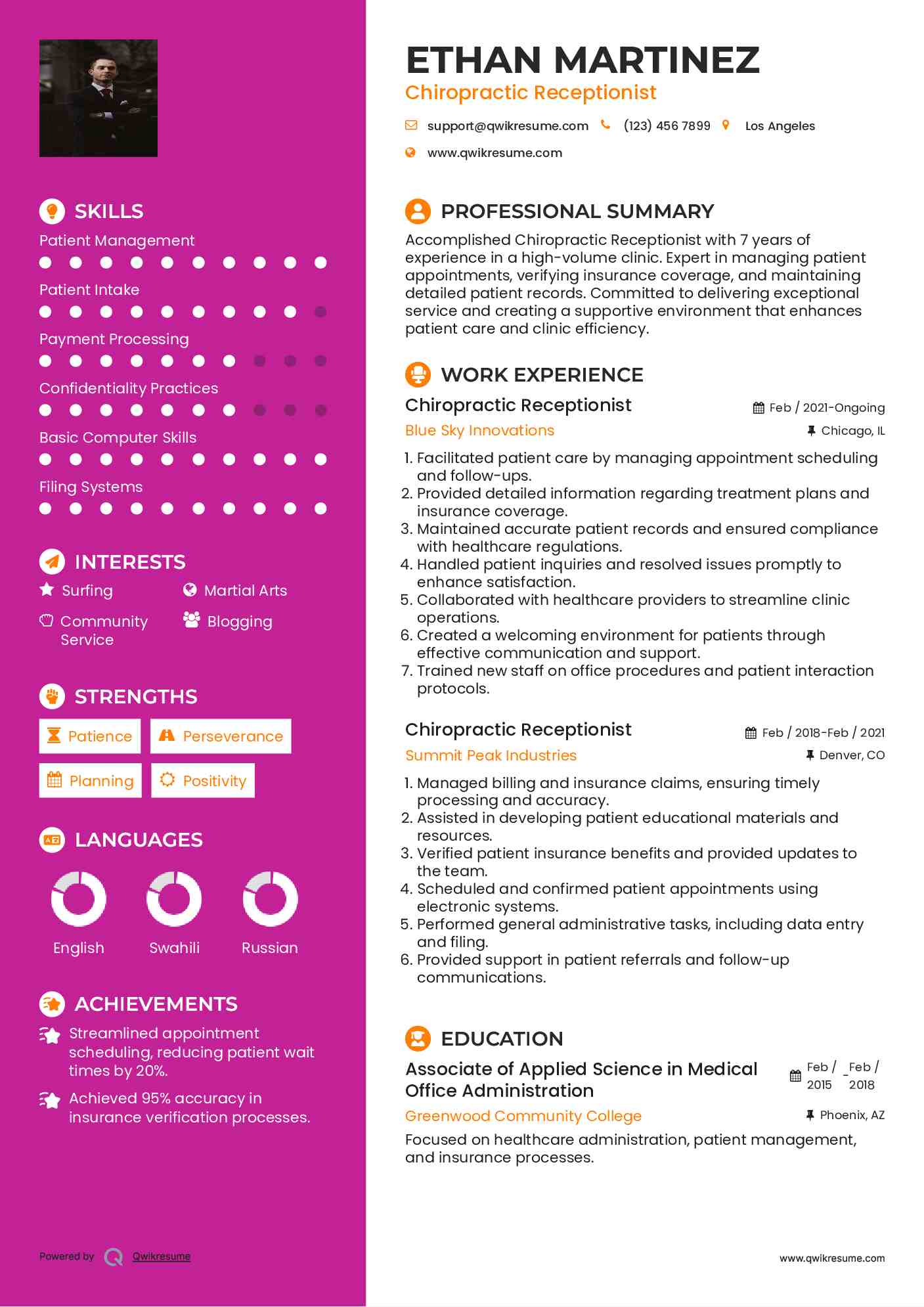 Chiropractic Receptionist Resume Sample