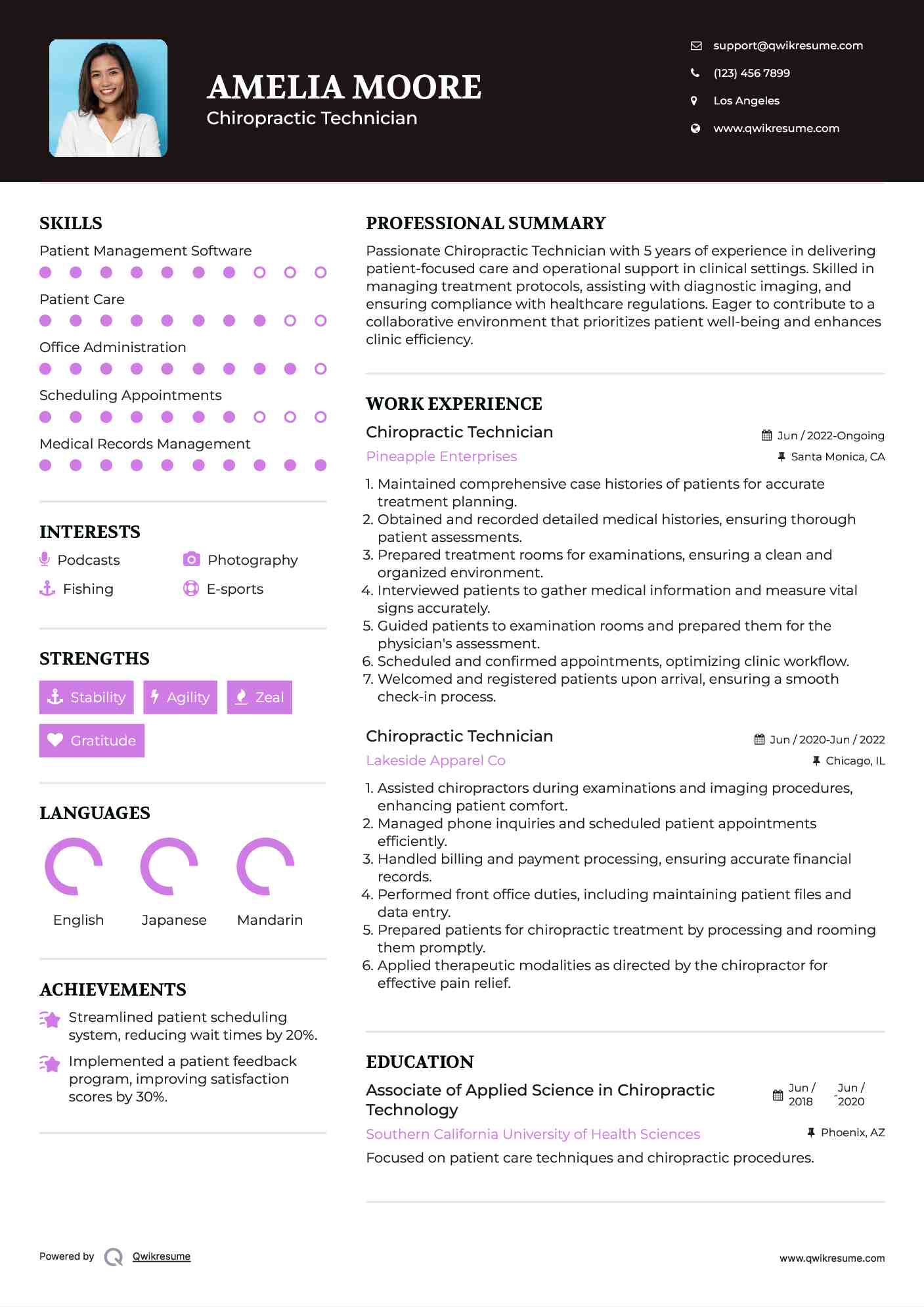 Chiropractic Technician Resume Sample