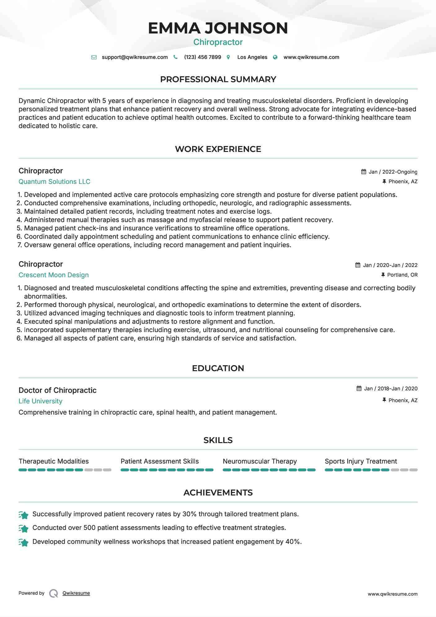 Chiropractor Resume Samples QwikResume