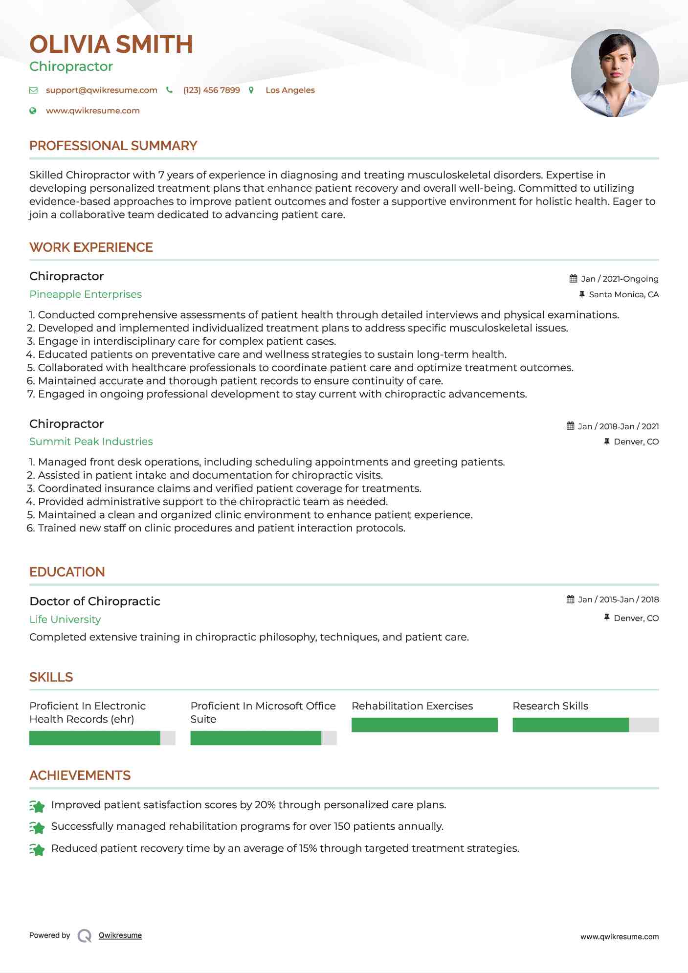 Chiropractor Resume Example