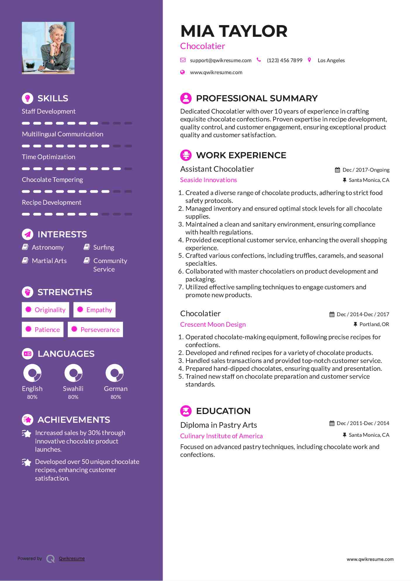 Assistant Chocolatier Resume Sample