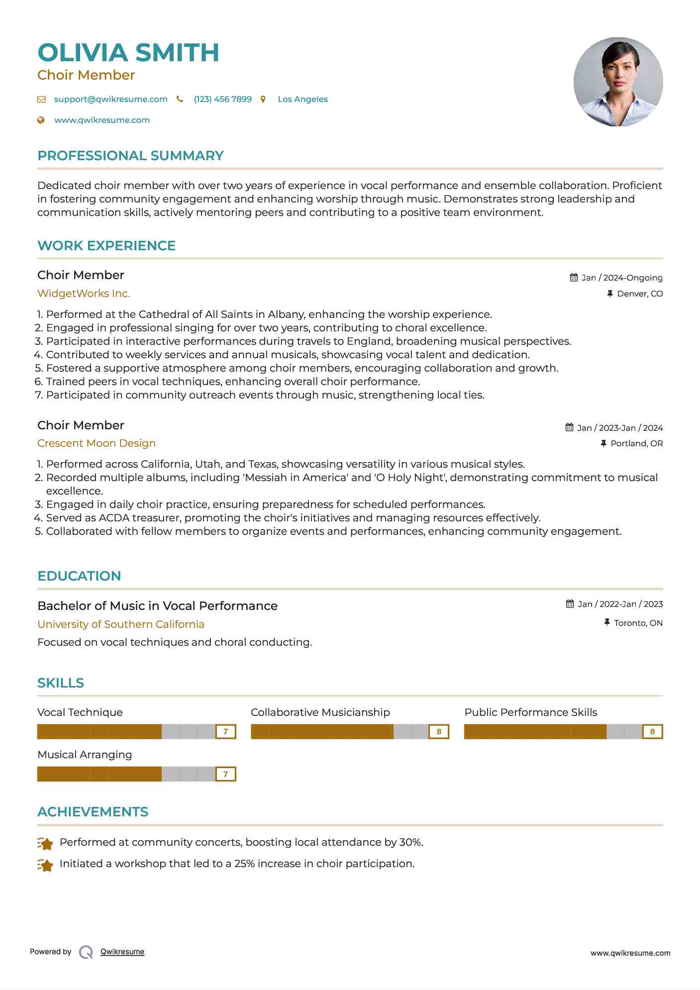 Choir Member Resume Example