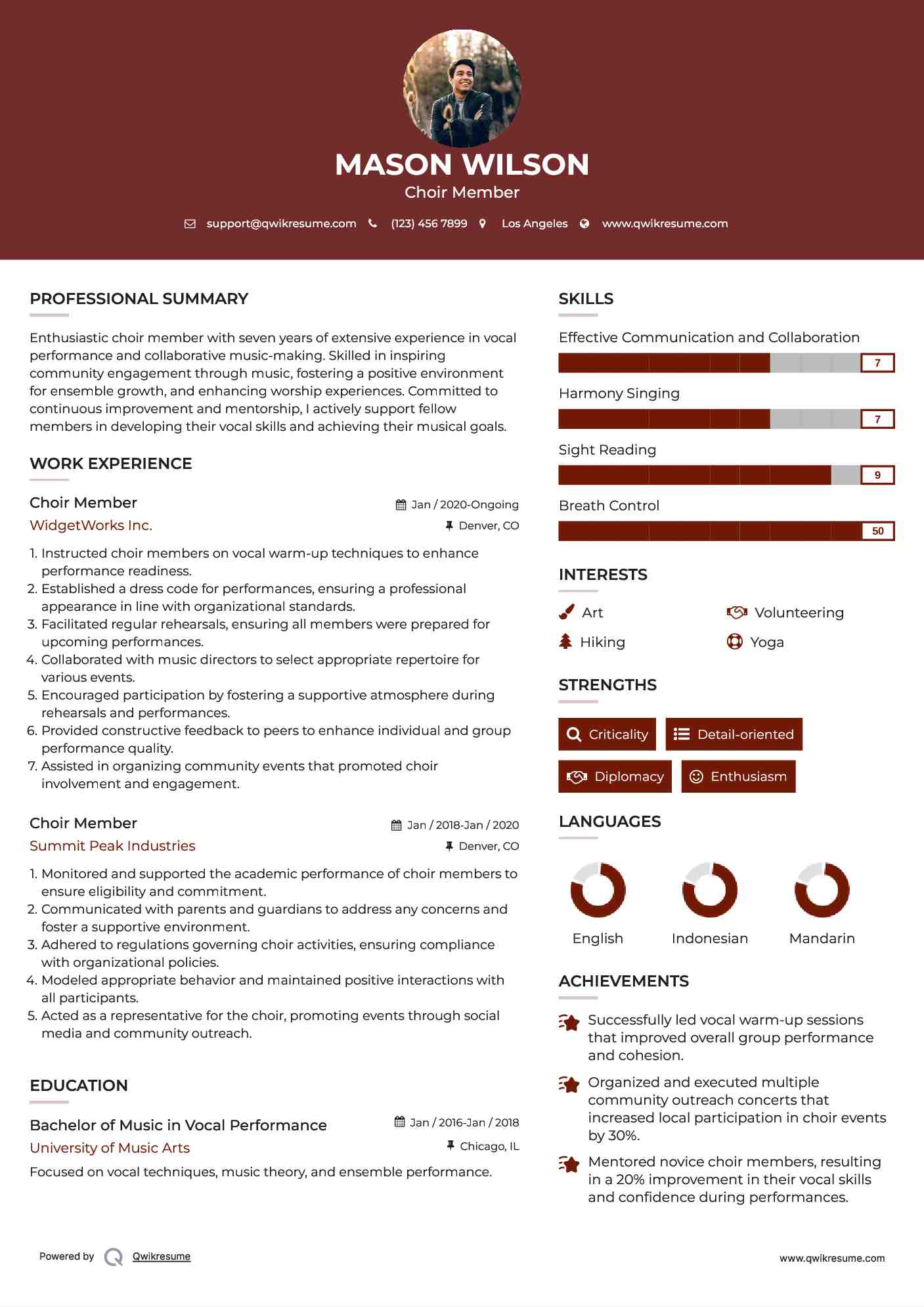 Choir Member Resume Format