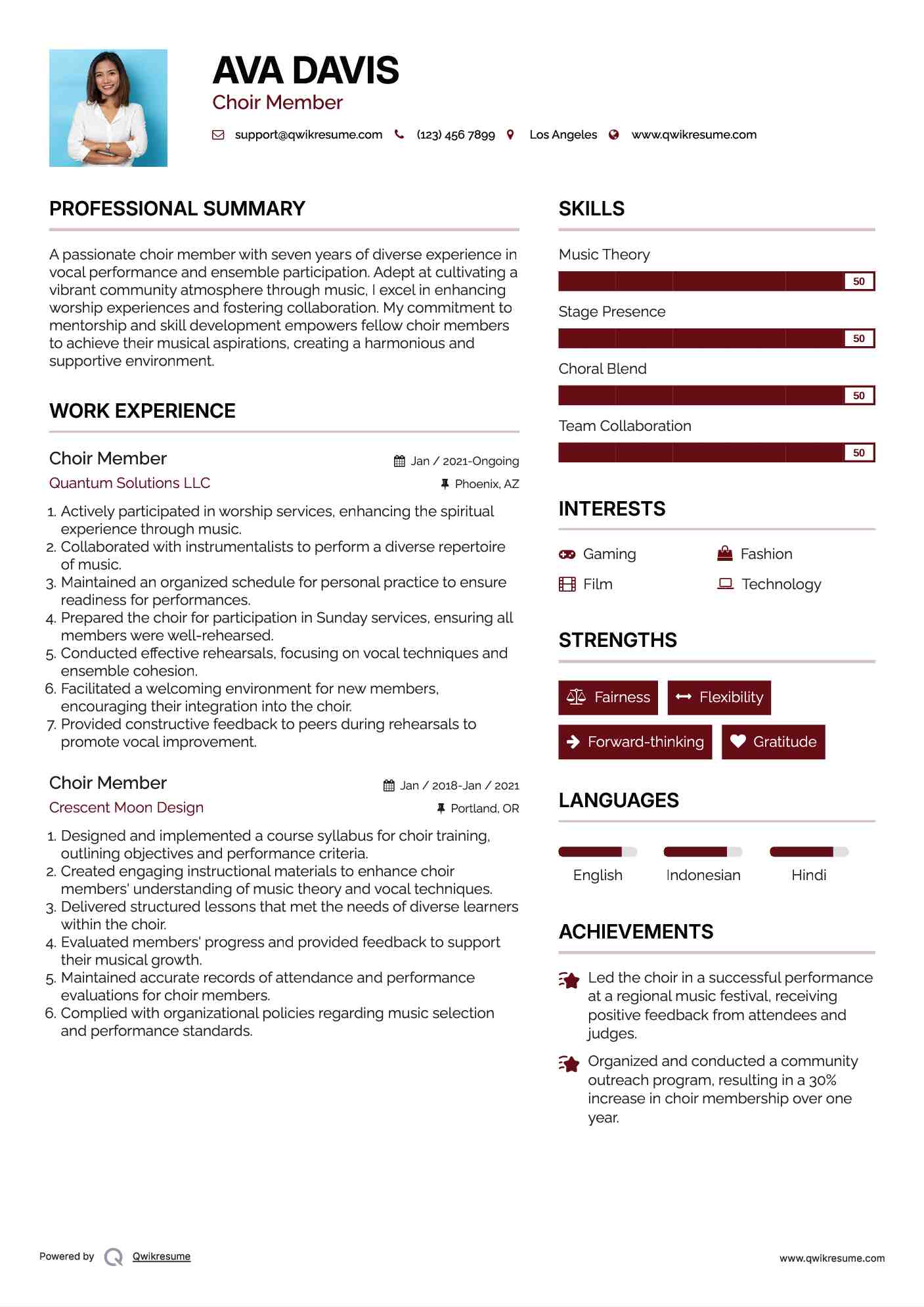Choir Member Resume Model