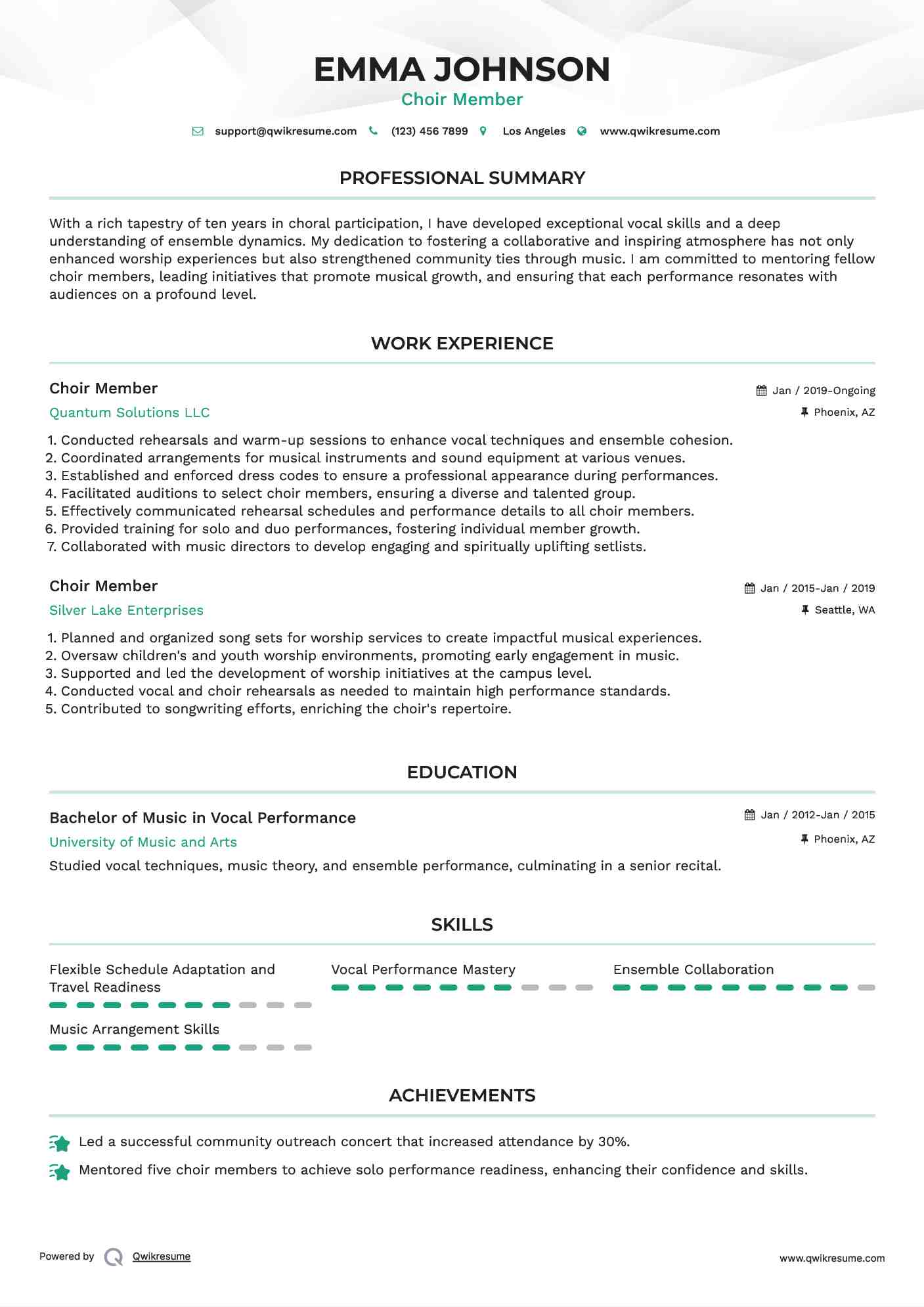 Choir Member Resume Sample