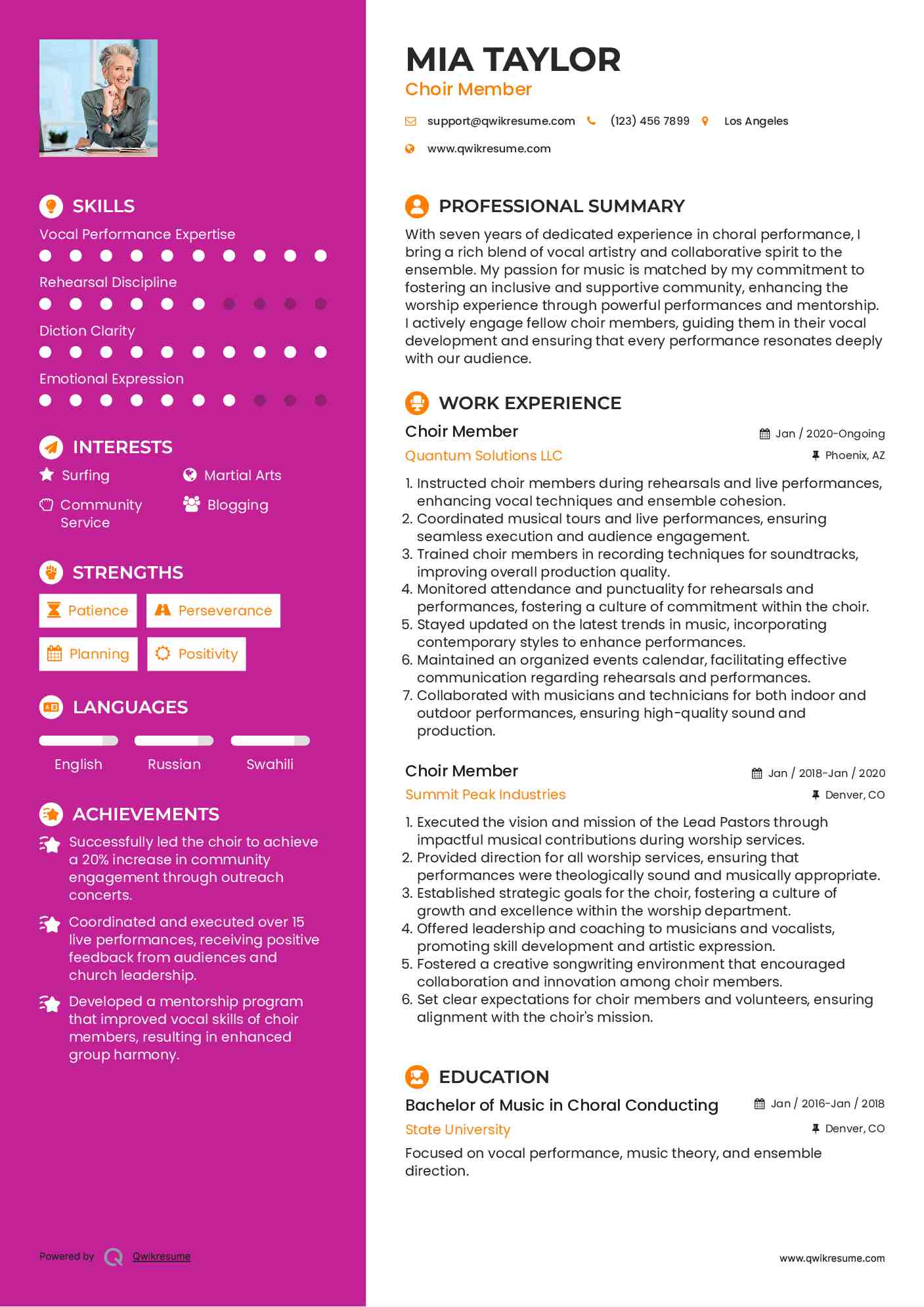 Choir Member Resume Model