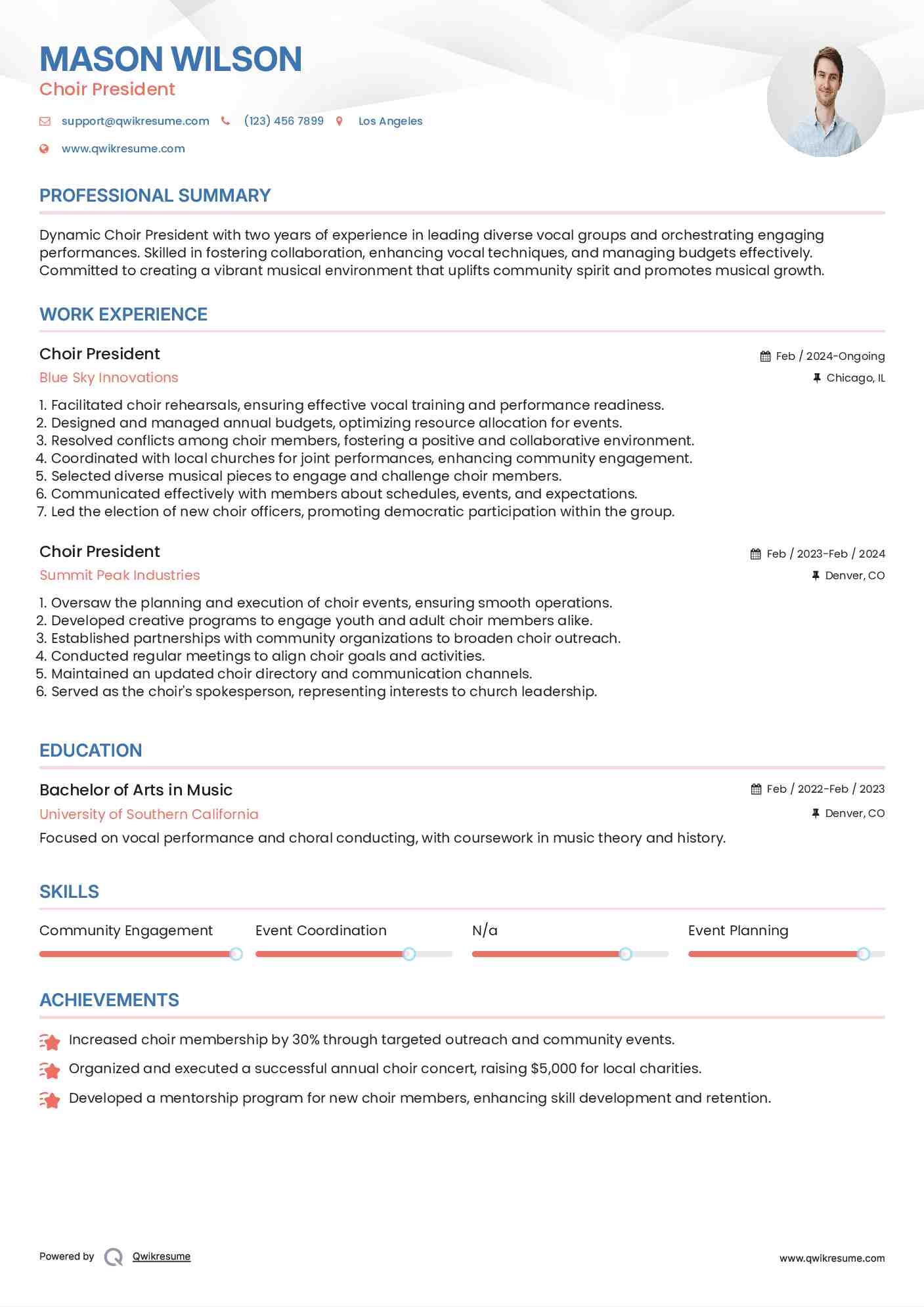 Choir President Resume Format