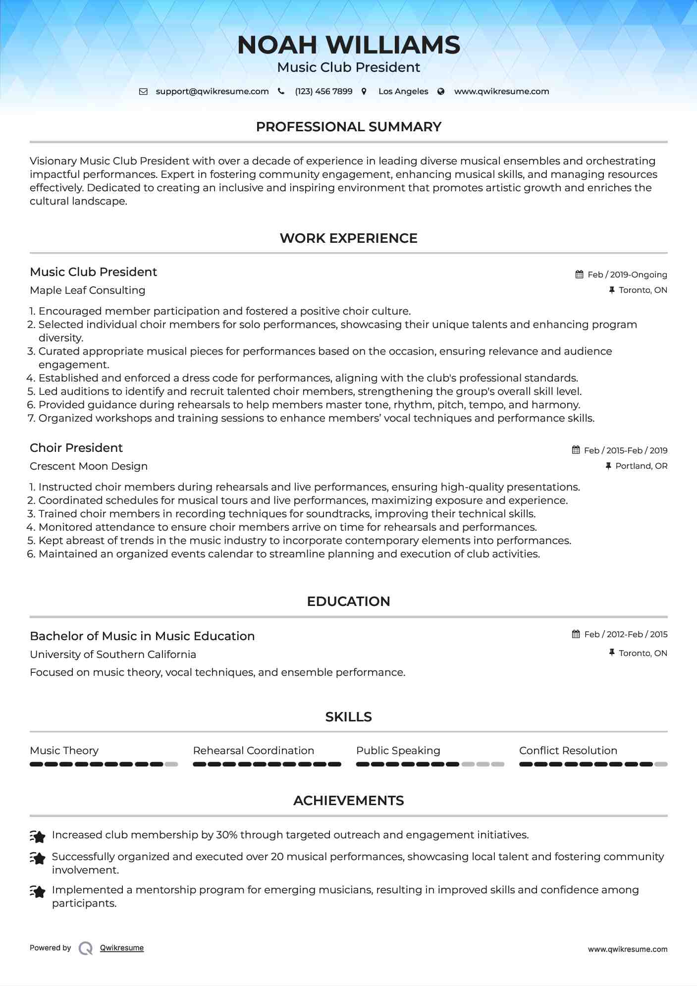 Music Club President
 Resume Sample