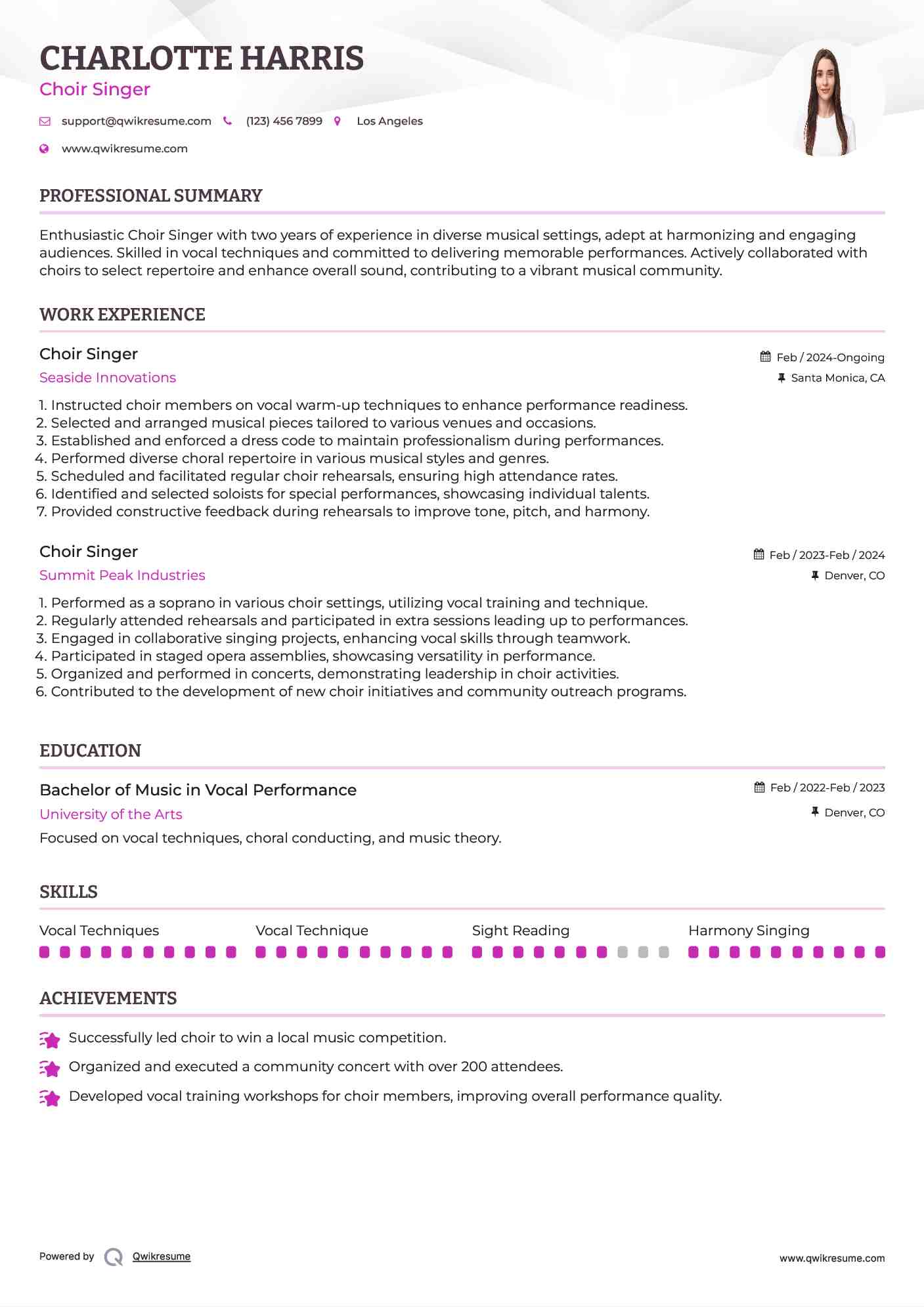 Choir Singer Resume Model