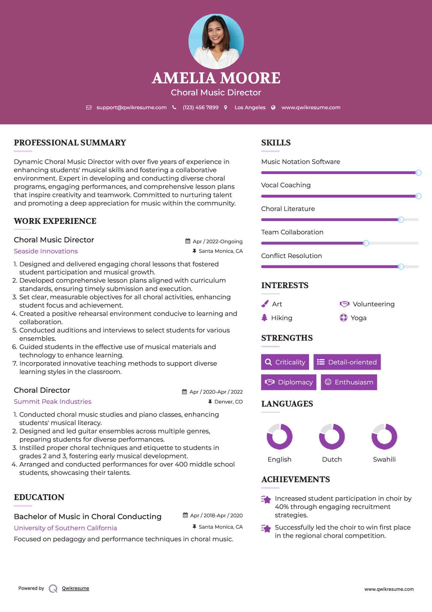 Choral Music Director Resume Example