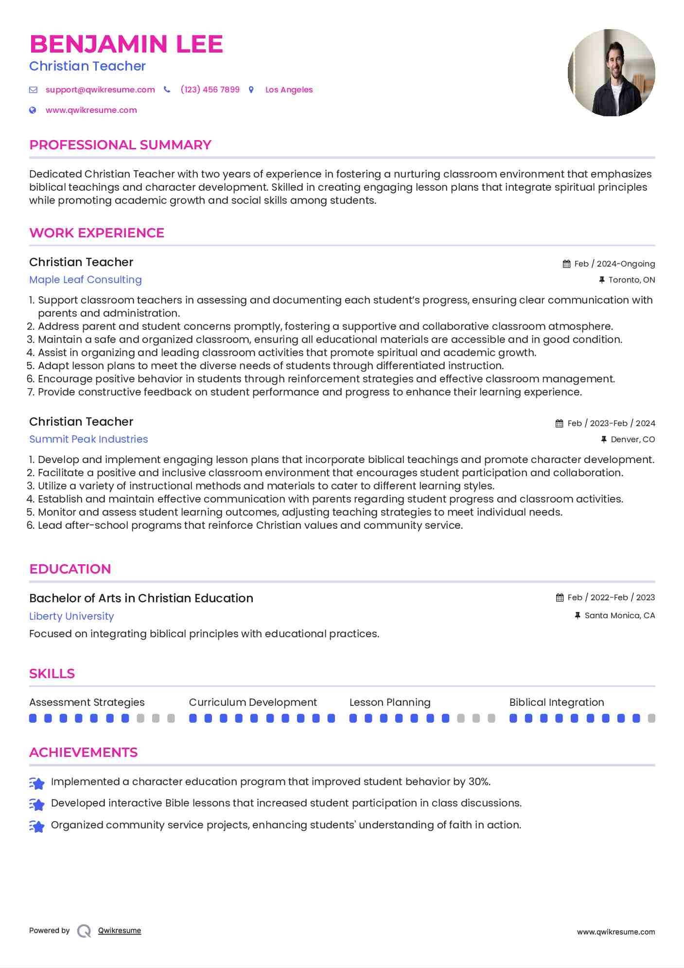Christian Teacher Resume Template