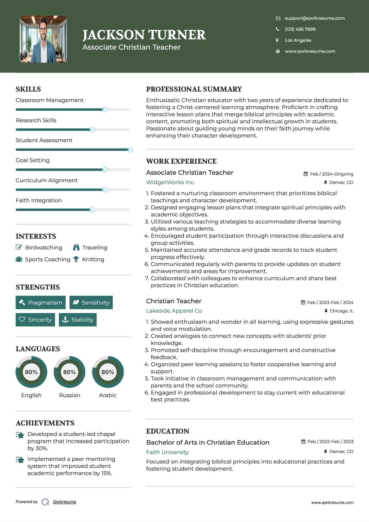 Associate Christian Teacher Resume Model