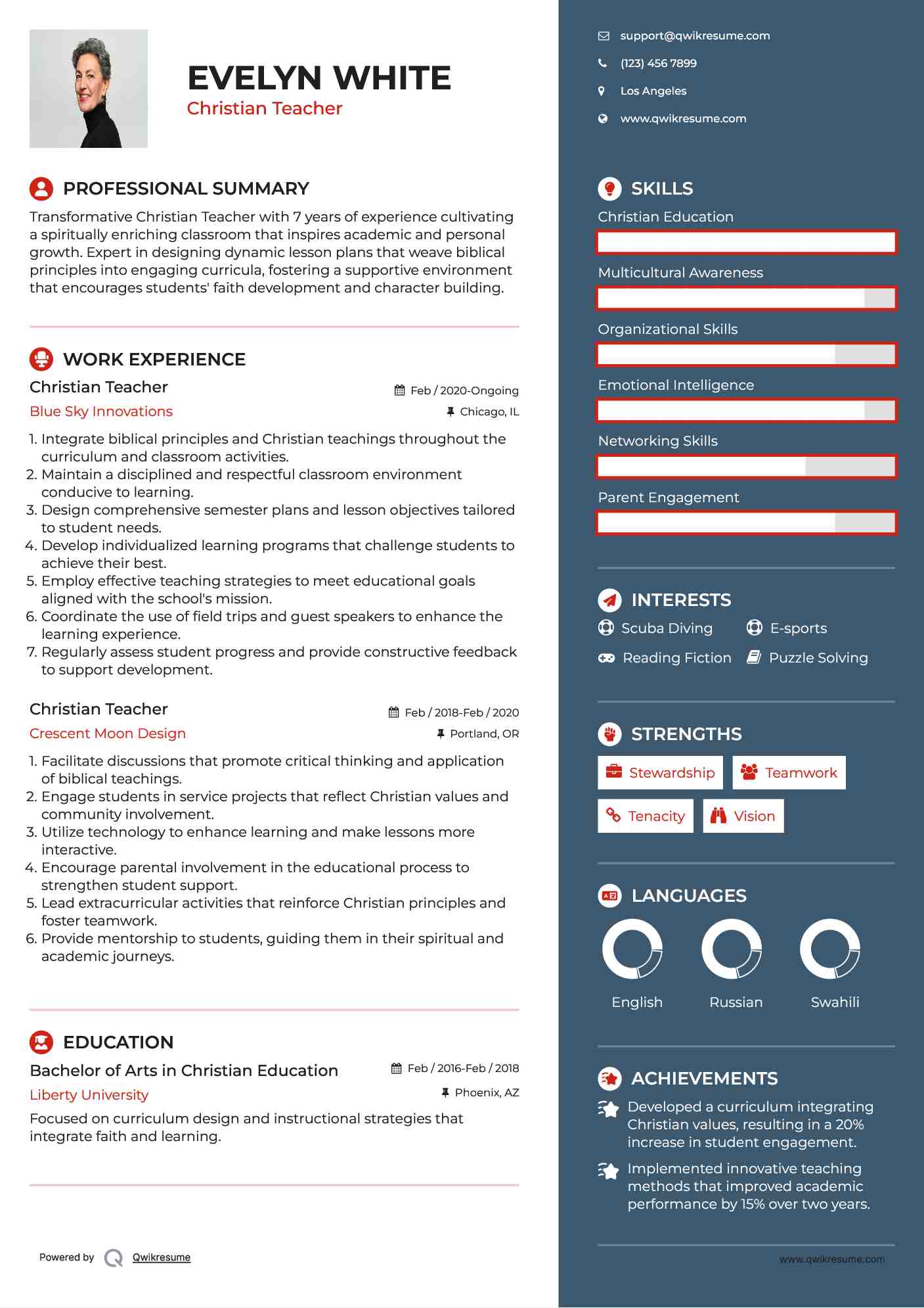 Christian Teacher Resume Sample