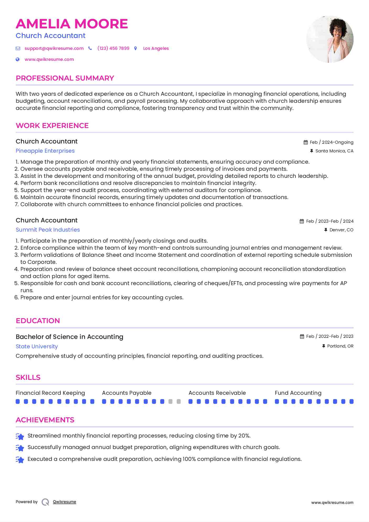 Church Accountant Resume Format