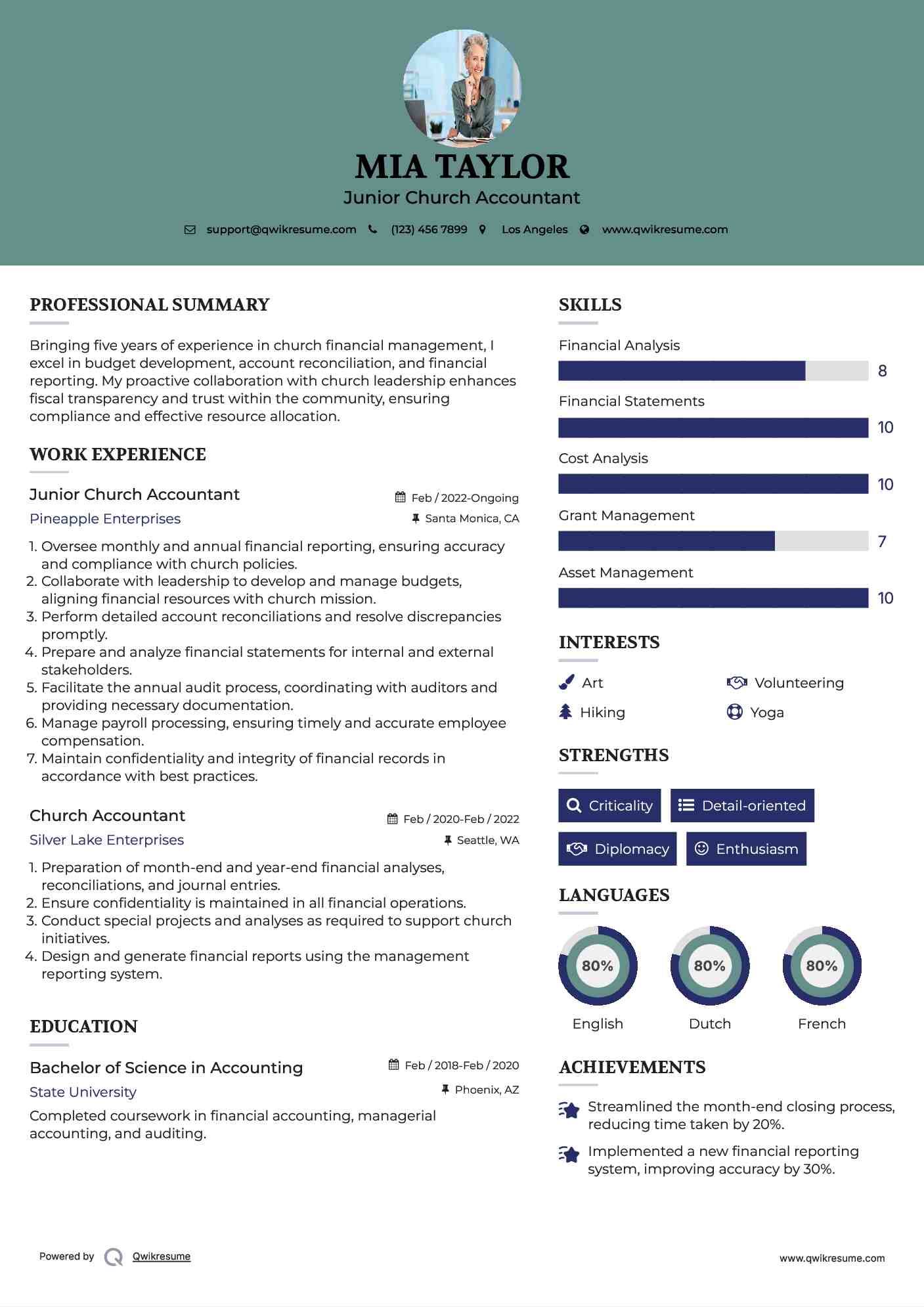 Junior Church Accountant Resume Template