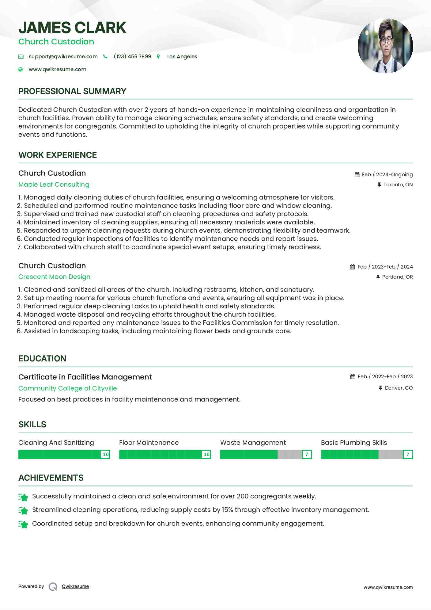 Church Custodian Resume Template