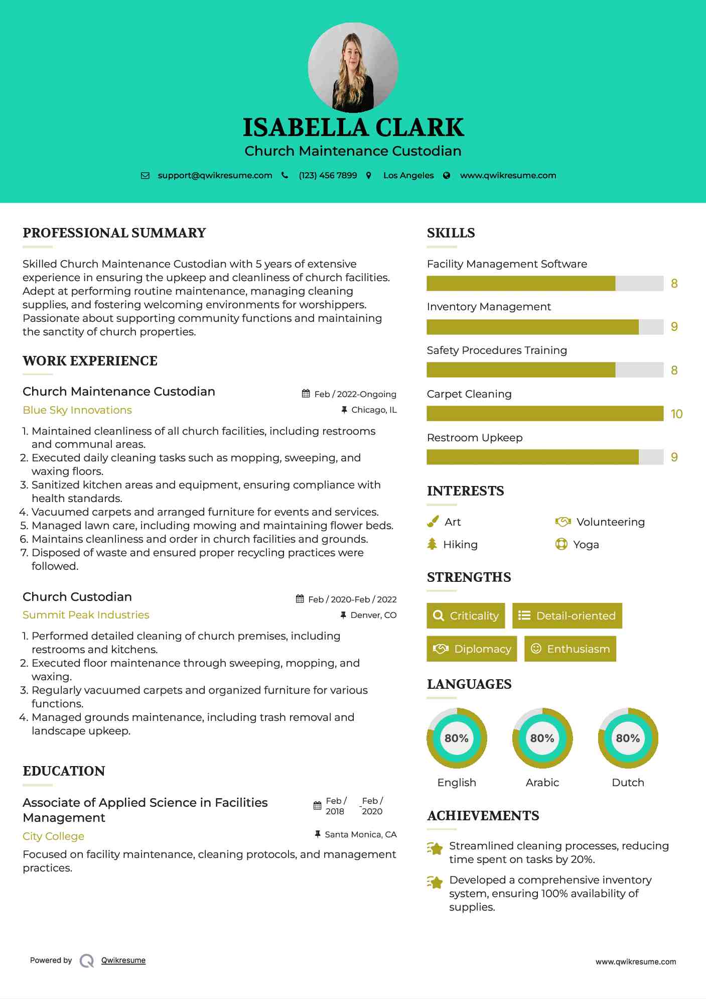 Church Maintenance Custodian Resume Model