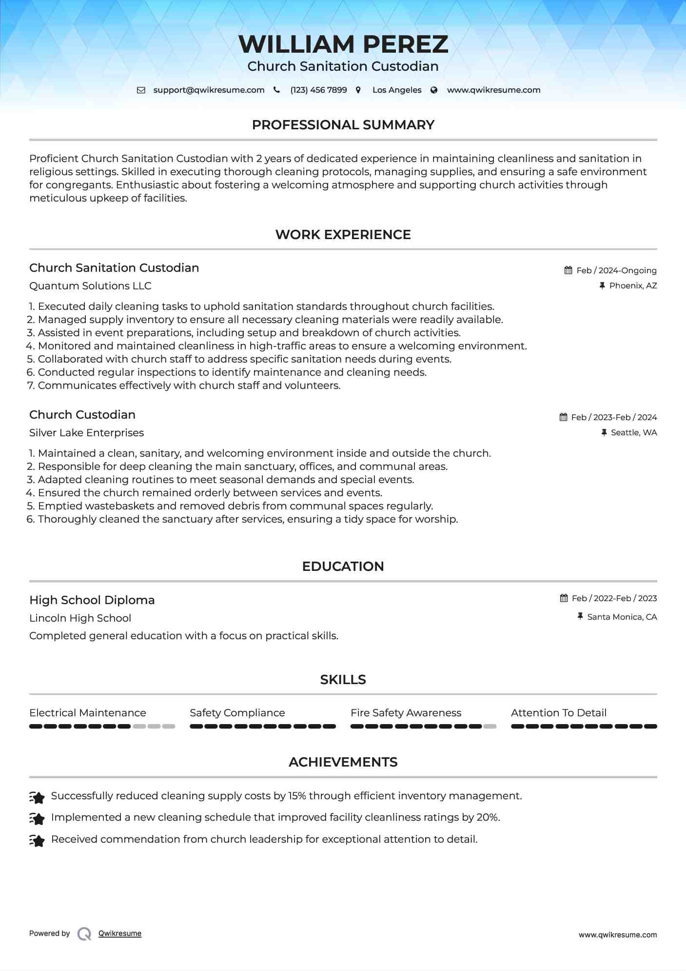 Church Sanitation Custodian Resume Model