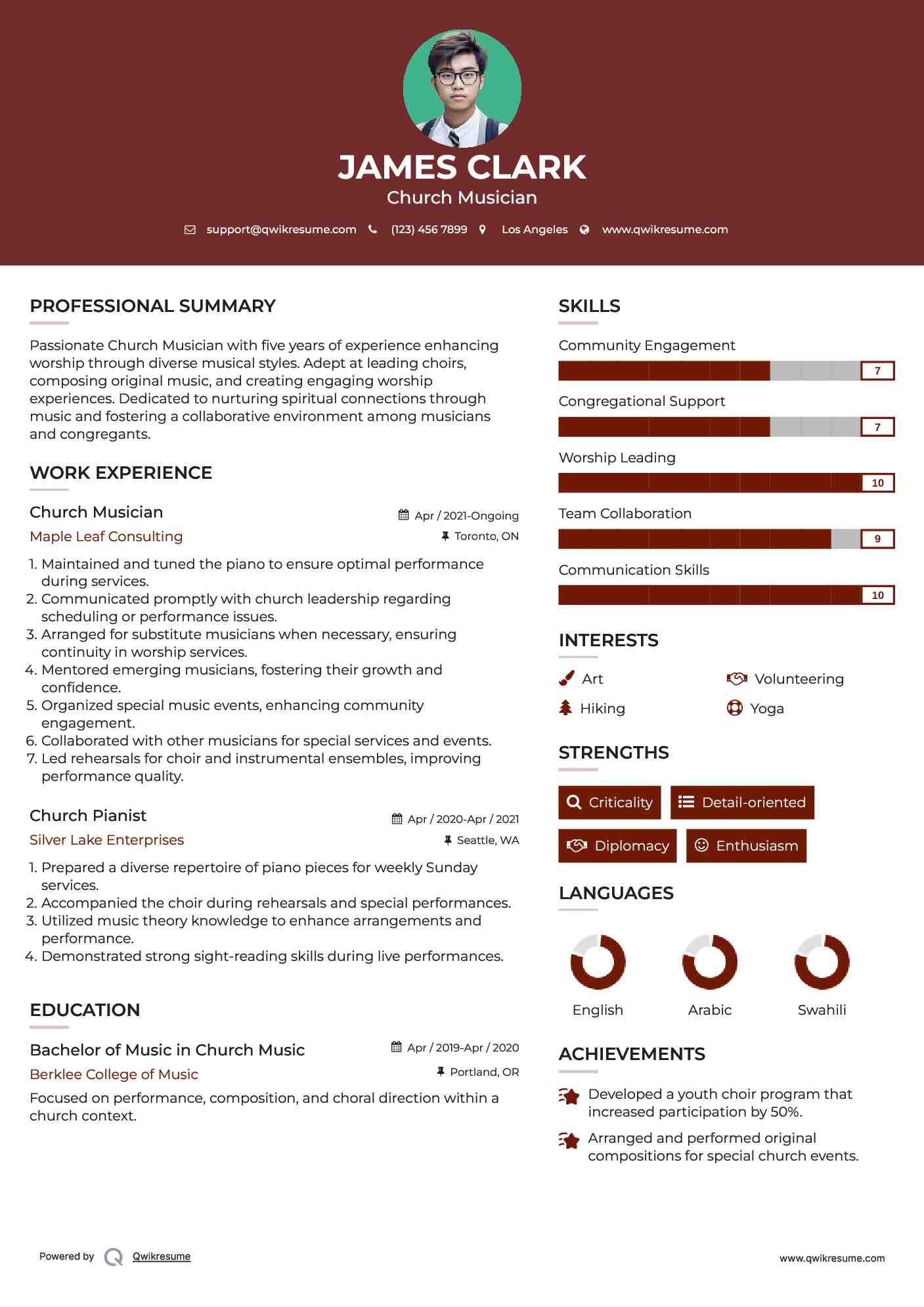 Church Musician Resume Format