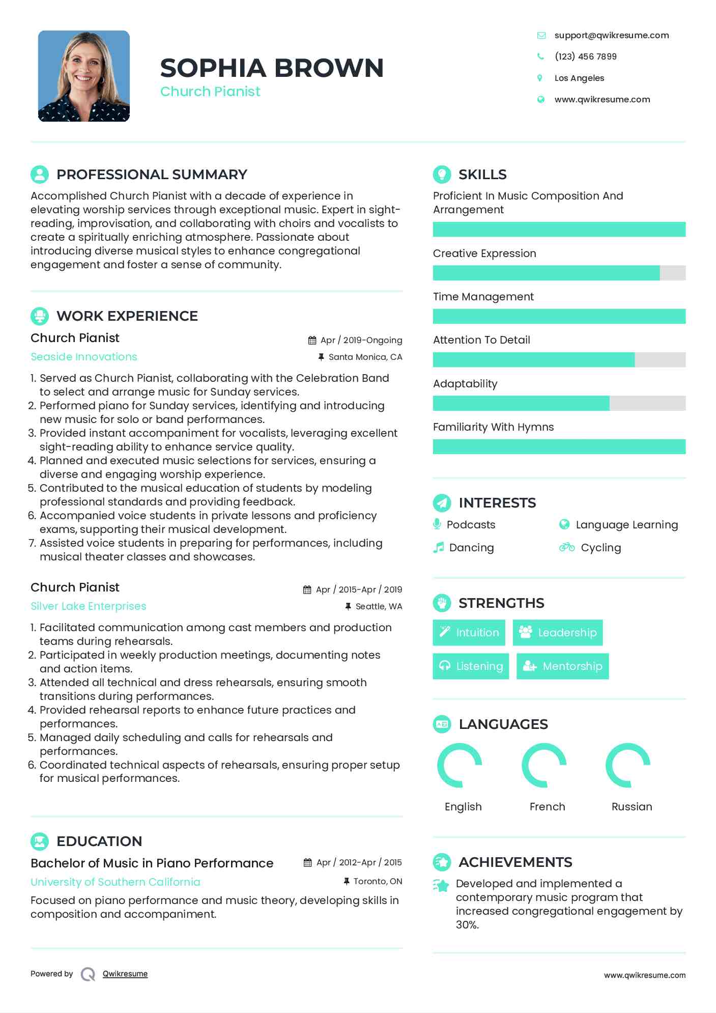 Church Pianist Resume Model