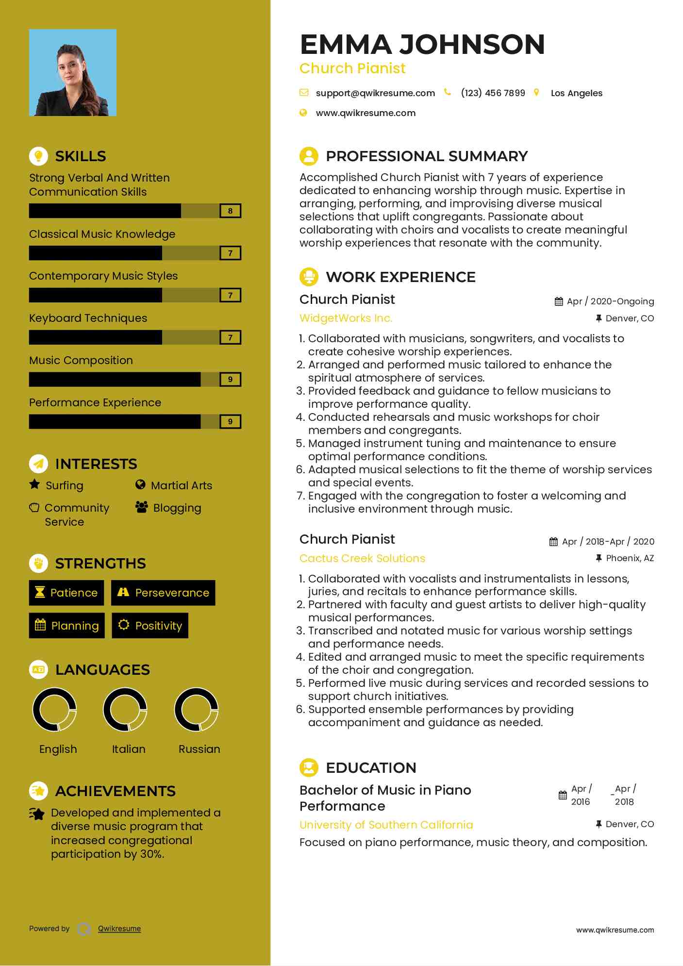 Church Pianist Resume Sample