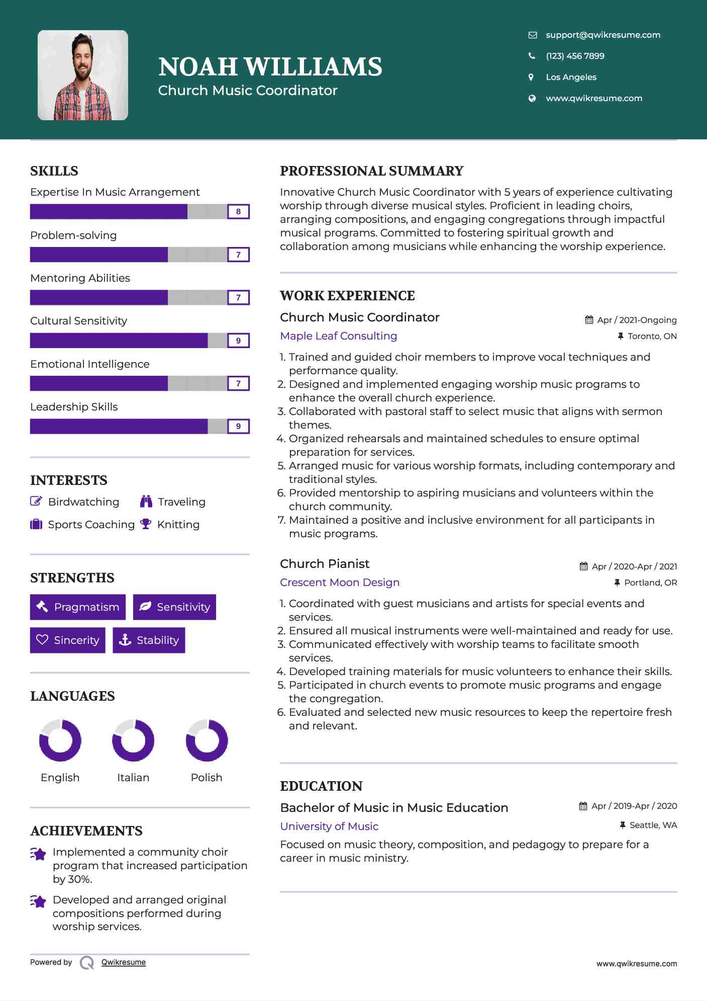 Church Music Coordinator Resume Model
